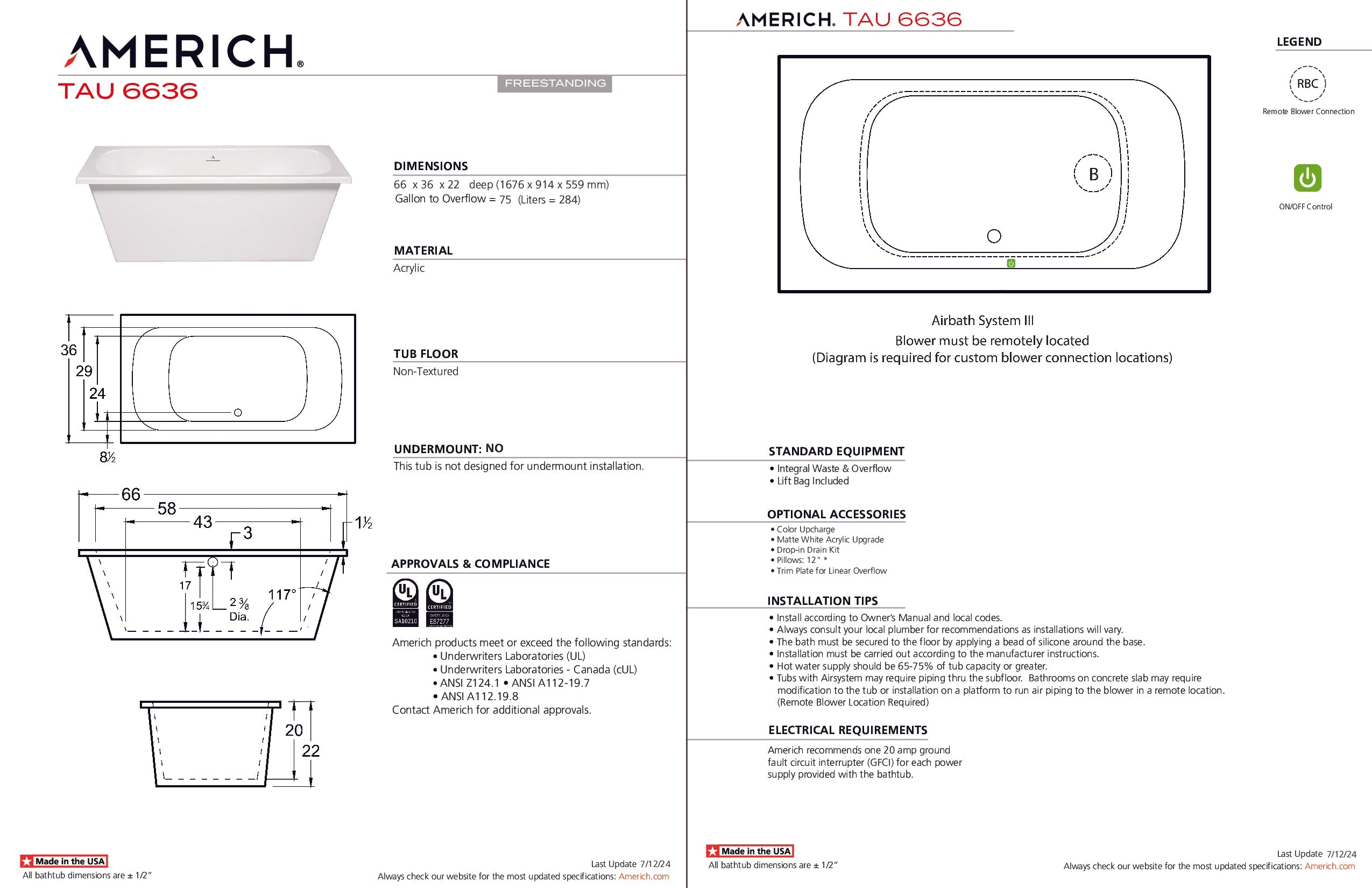 Americh Tau 6636 - Tub Only Freestanding Bathtub TA6636T-WH