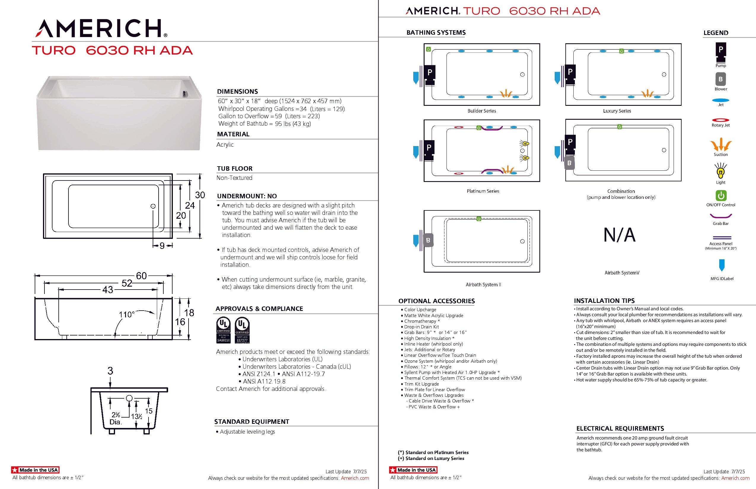 Americh Turo 6030 ADA Right Hand - Luxury Series Skirted Bathtub TO6030ADALR-WH