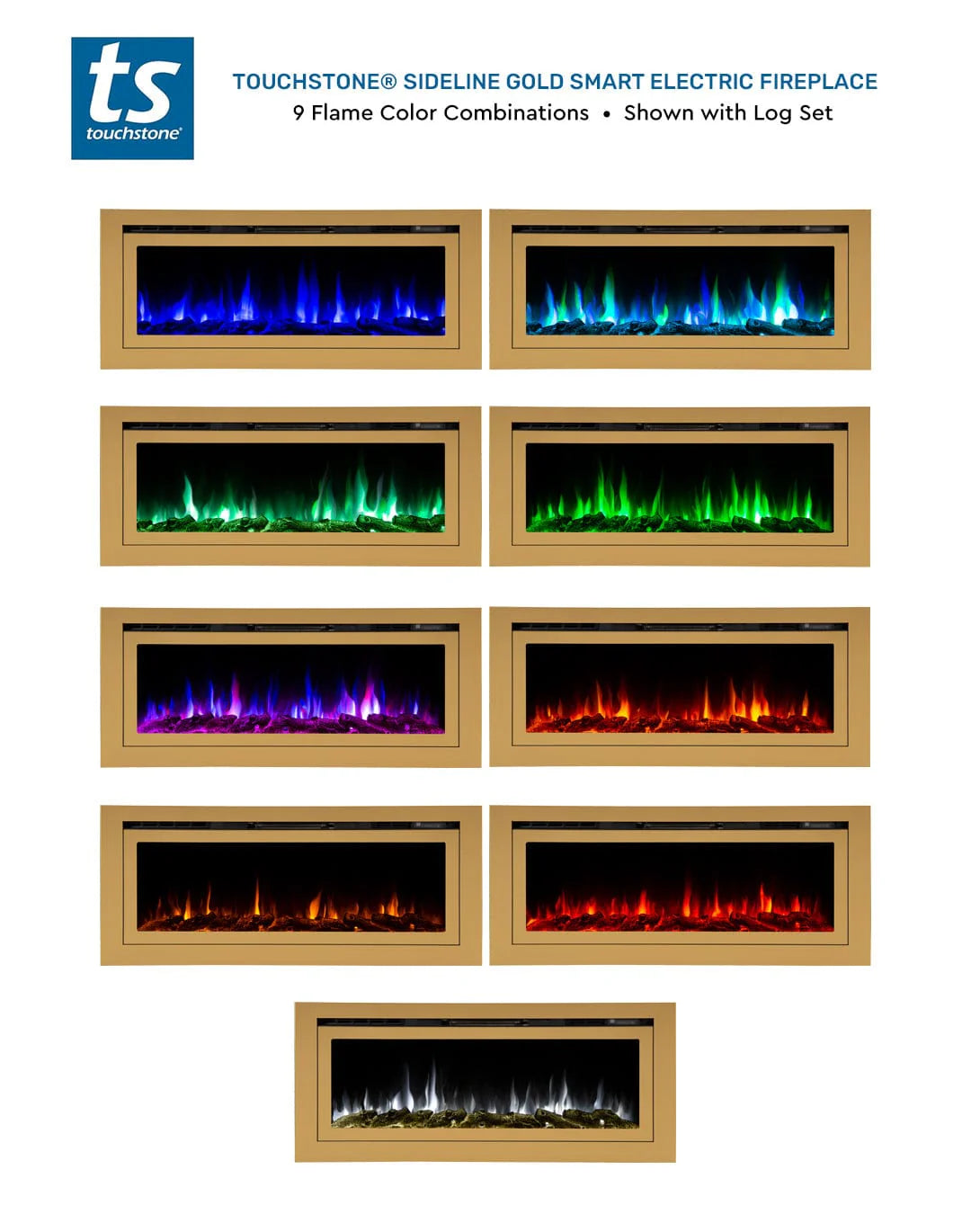 Touchstone Sideline Deluxe Gold 72″ Recessed Smart Electric Fireplace – 86278