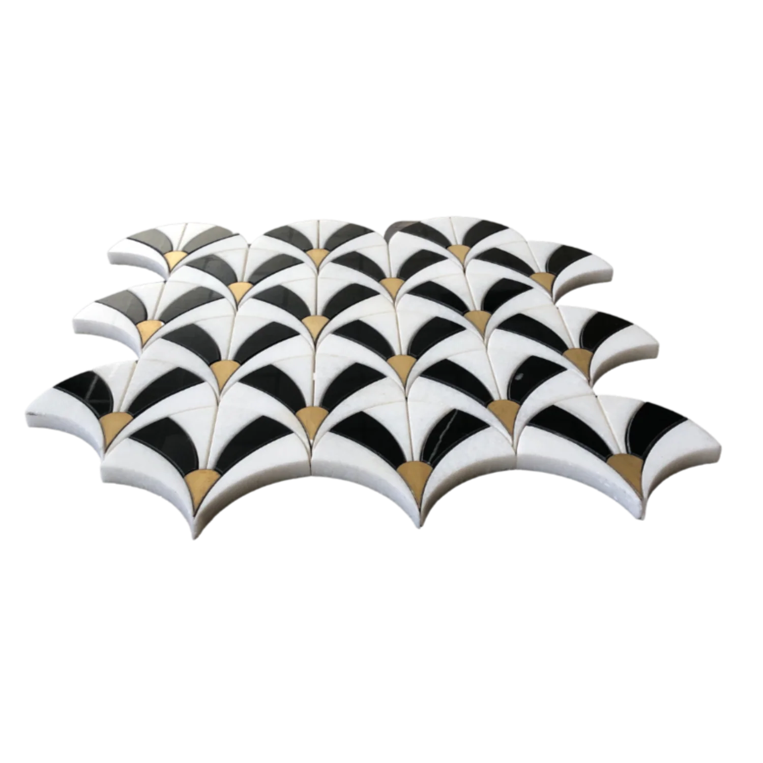 Fan Waterjet Mosaic Thassos Black Jade and Brass