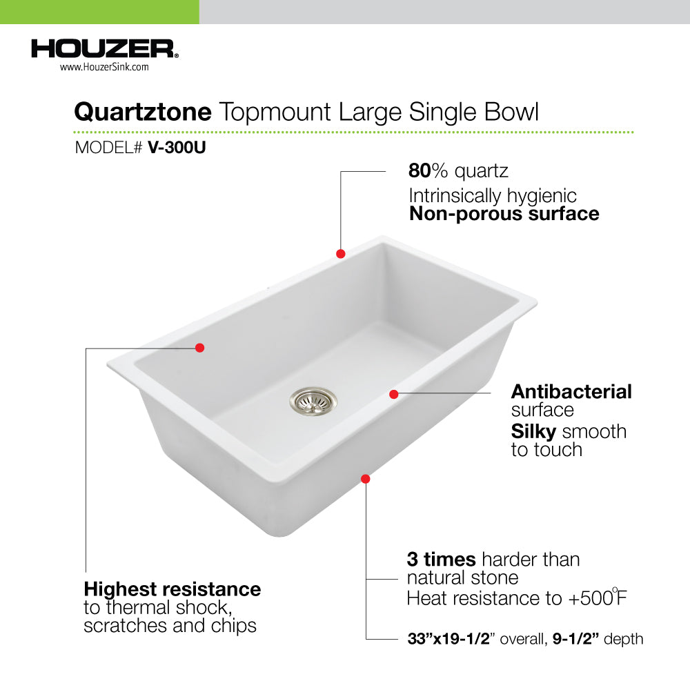 Houzer Quartztone 33" Granite Composite Undermount Single Bowl Kitchen Sink
