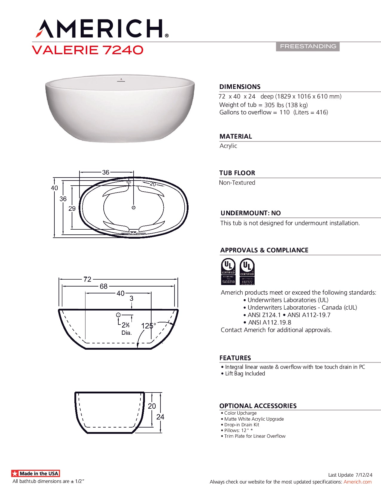 Americh Valerie 7240 - Tub Only Freestanding Bathtub VA7240T-WH