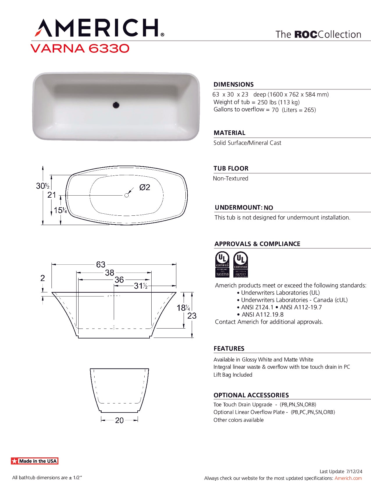 Americh Varna 6330 - ROC ROC Bathtub RC2211-GW
