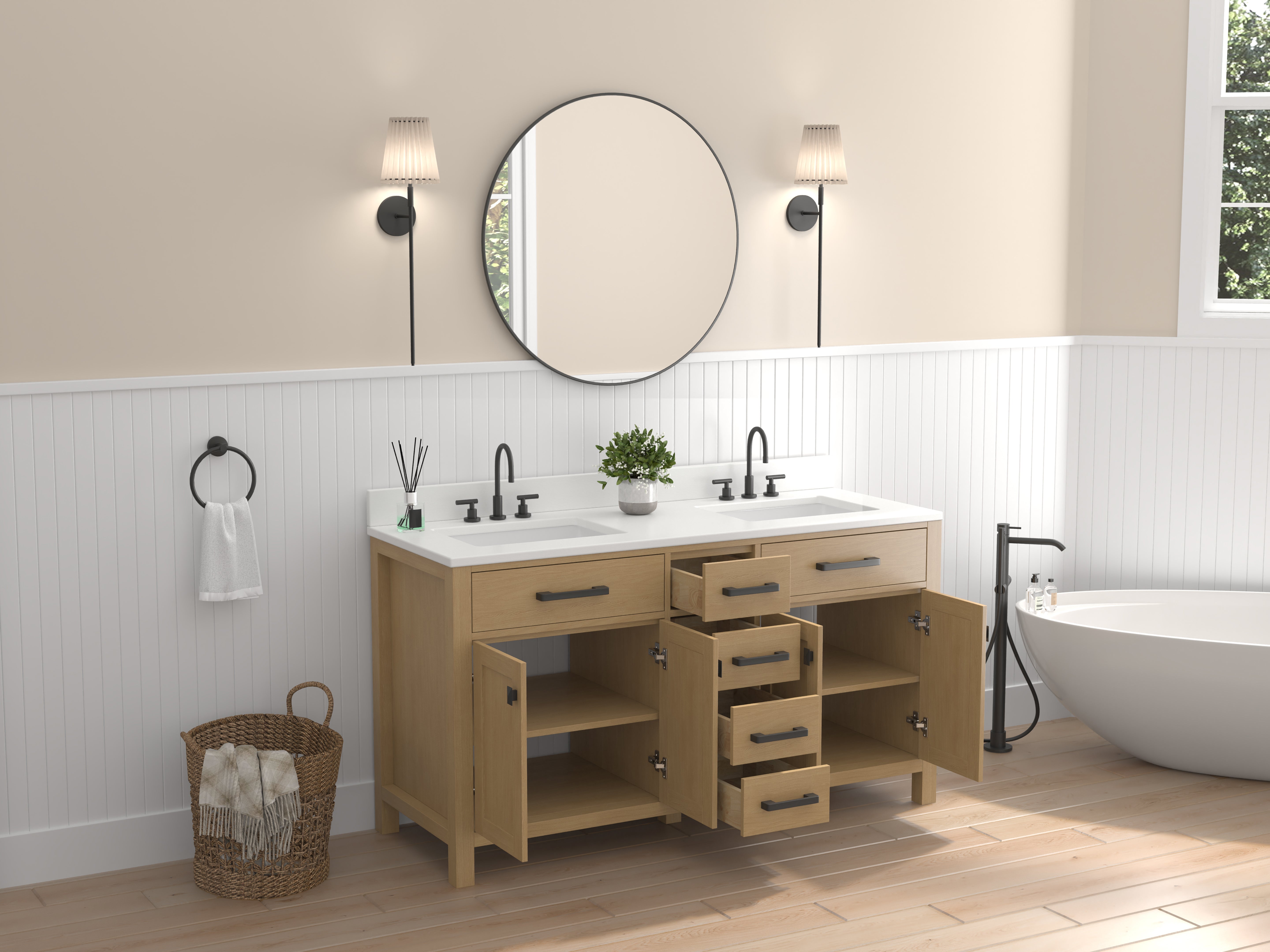 Chans Furniture VH-6608WD-60D 60 Inch Aged Oak Finish Rella Double Sink Bathroom Vanity With White Quartz Top