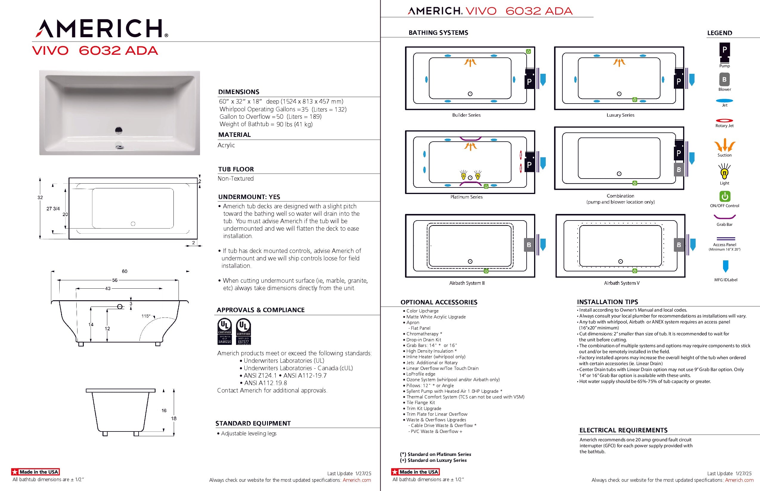 Americh Vivo 6032 ADA - Builder Series Drop-in Bathtub VO6032ADAB-WH