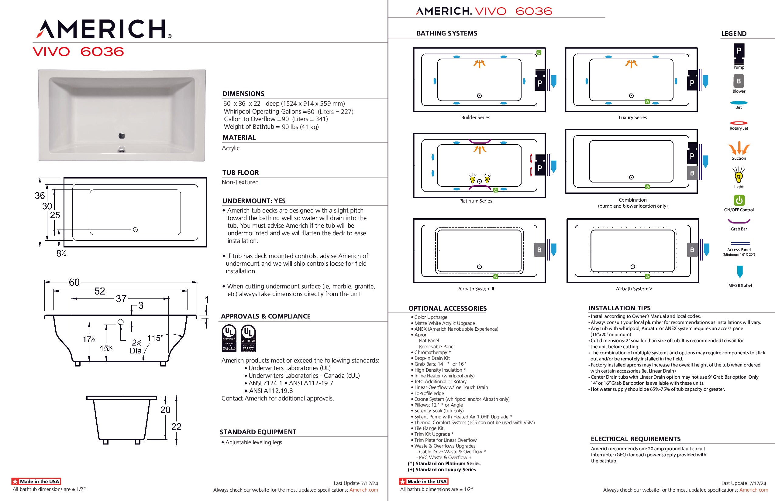 Americh Vivo 6036 - Luxury Series Drop-in Bathtub VO6036L-WH