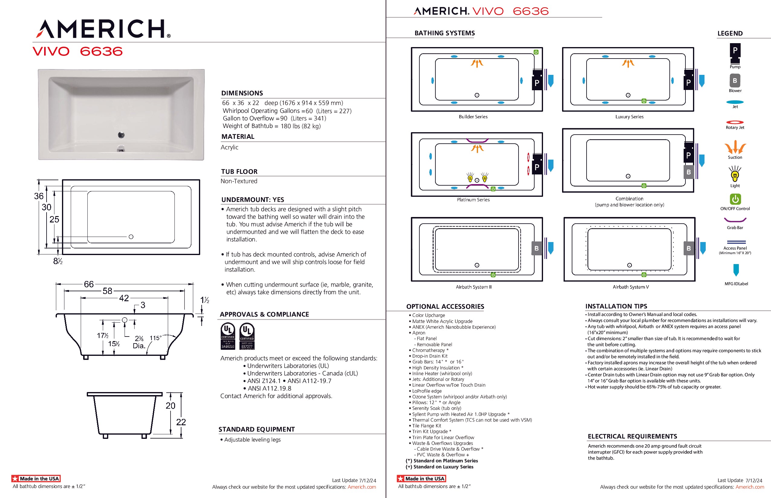 Americh Vivo 6636 - Platinum Series Drop-in Bathtub VO6636P-WH