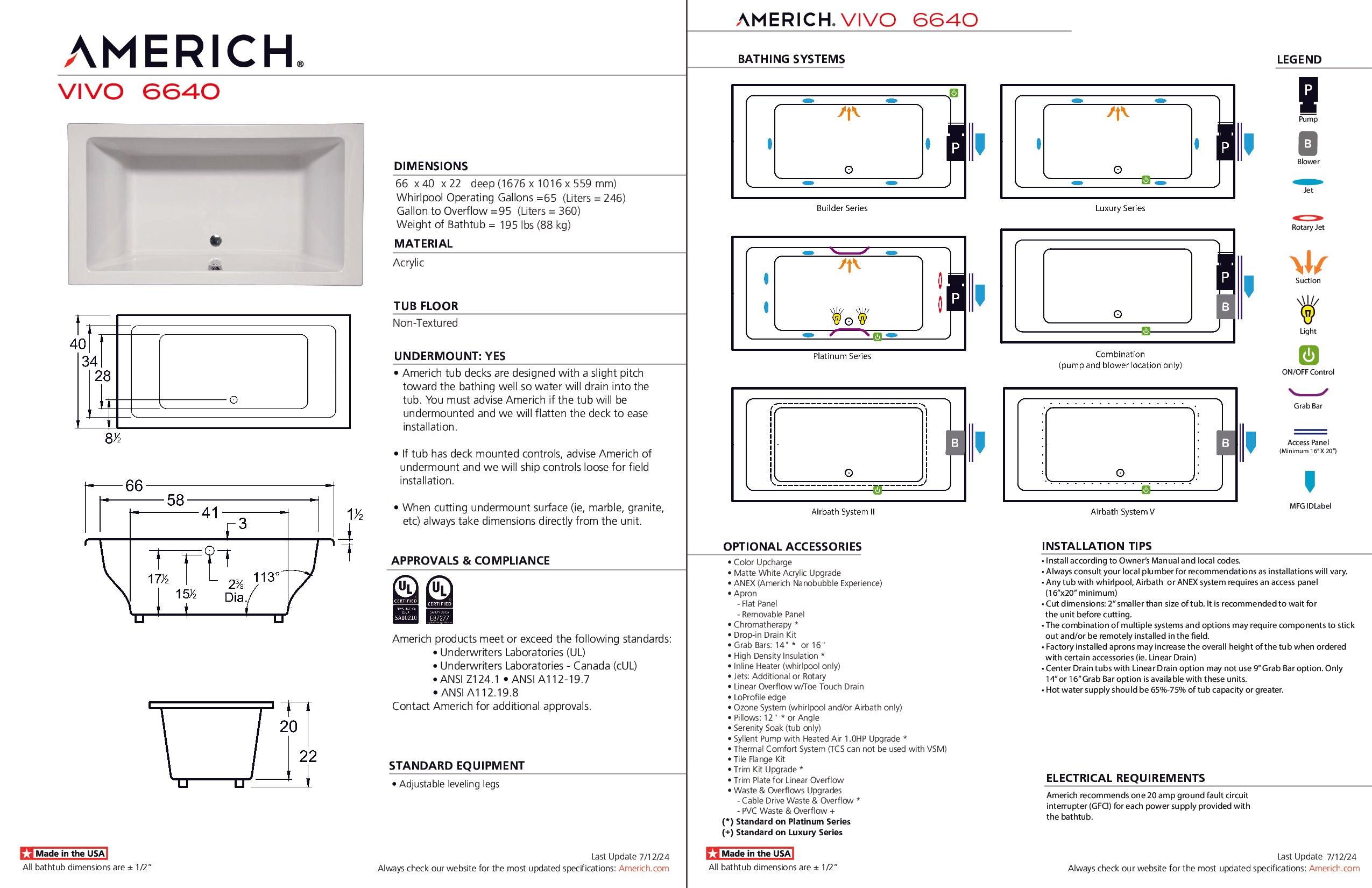 Americh Vivo 6640 - Tub Only Drop-in Bathtub VO6640T-WH