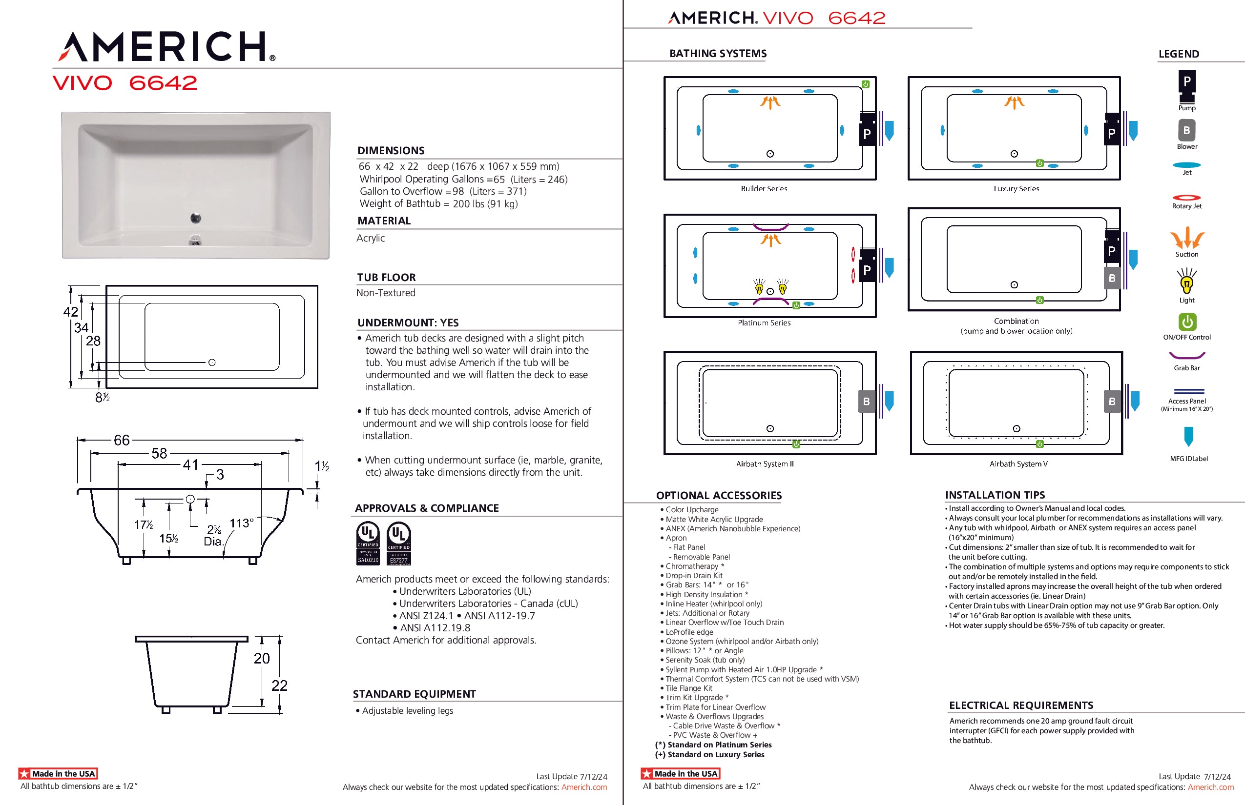 Americh Vivo 6642 - Tub Only Drop-in Bathtub VO6642T-WH