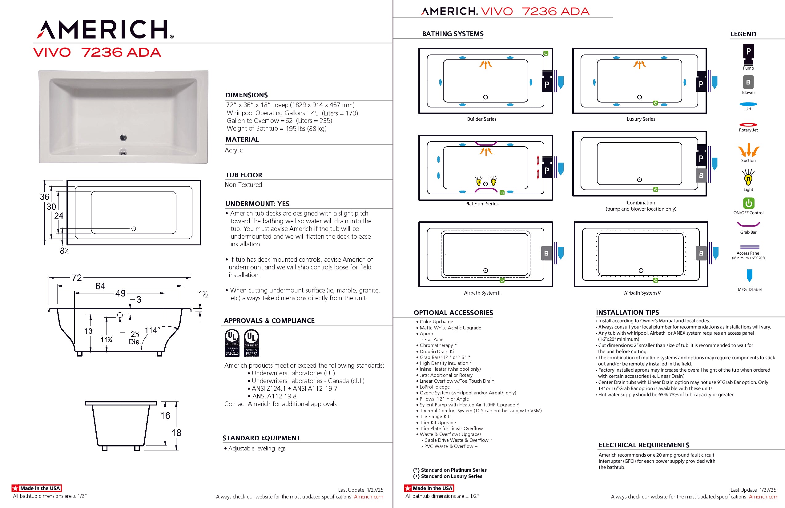 Americh Vivo 7236 ADA - Luxury Series Drop-in Bathtub VO7236ADAL-WH