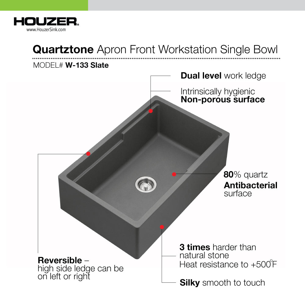 Houzer Quartztone 33" Apron Front Farmhouse Granite Composite Workstation Kitchen Sink with Accessories