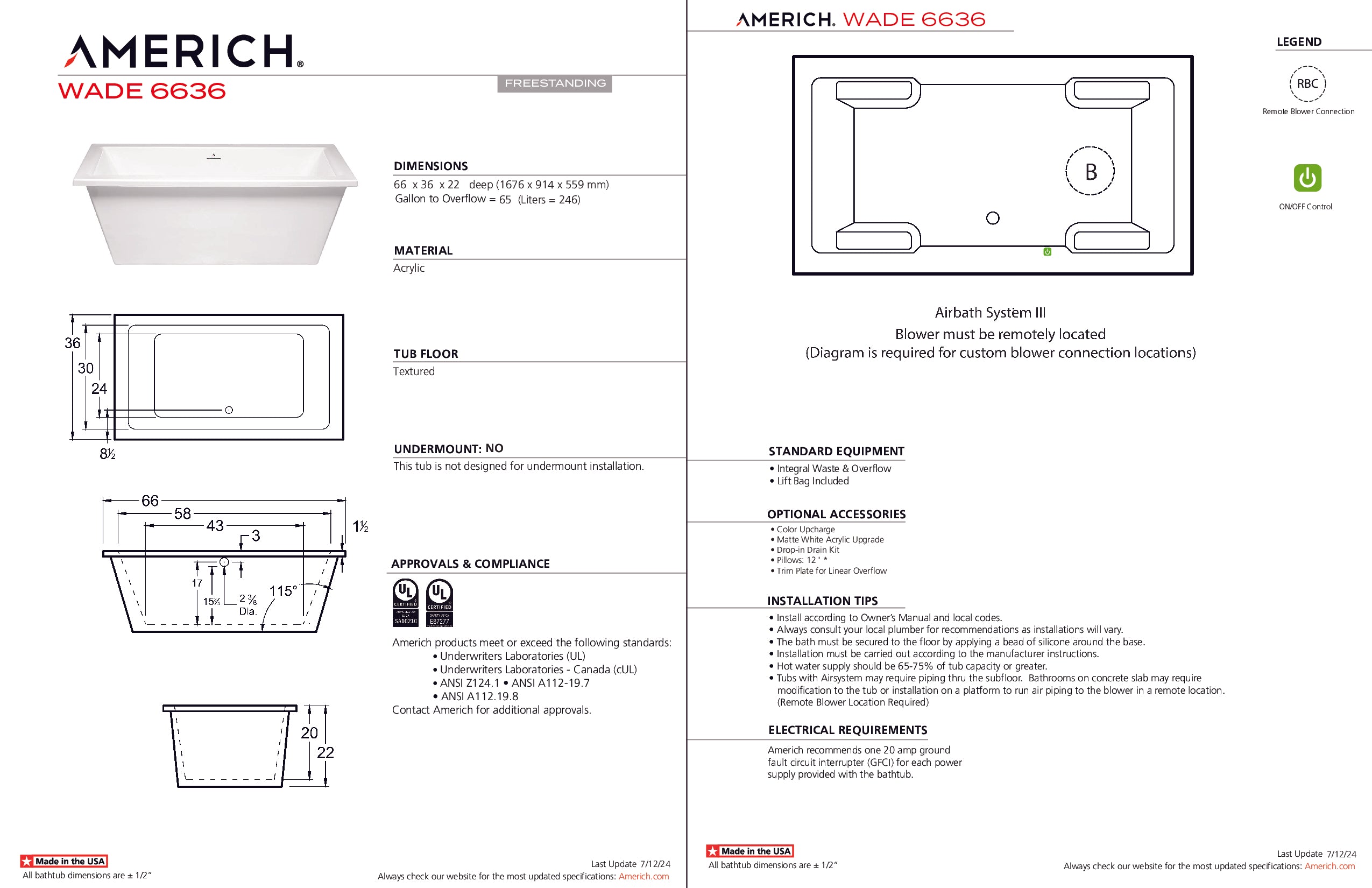 Americh Wade 6636 - Tub Only Freestanding Bathtub WA6636T-WH