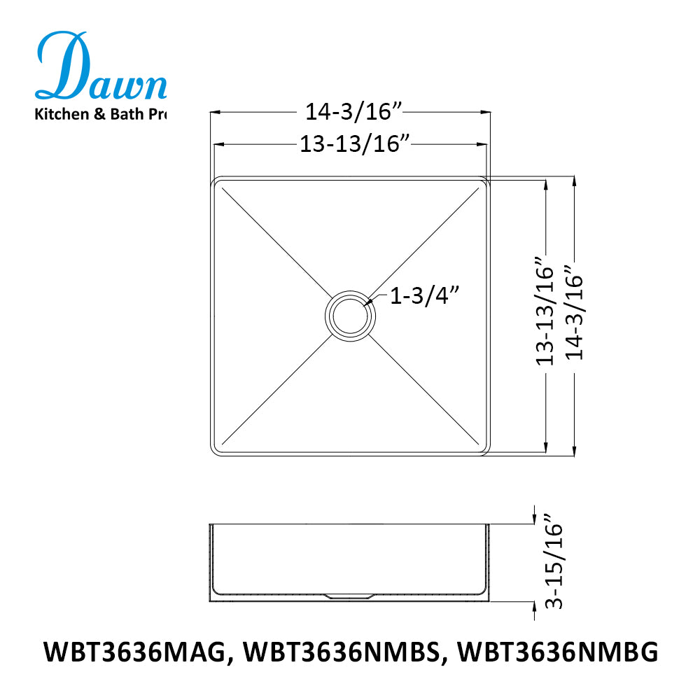 Dawn Handmade 304 Stainless Steel Vanity Sink Top WBT3636