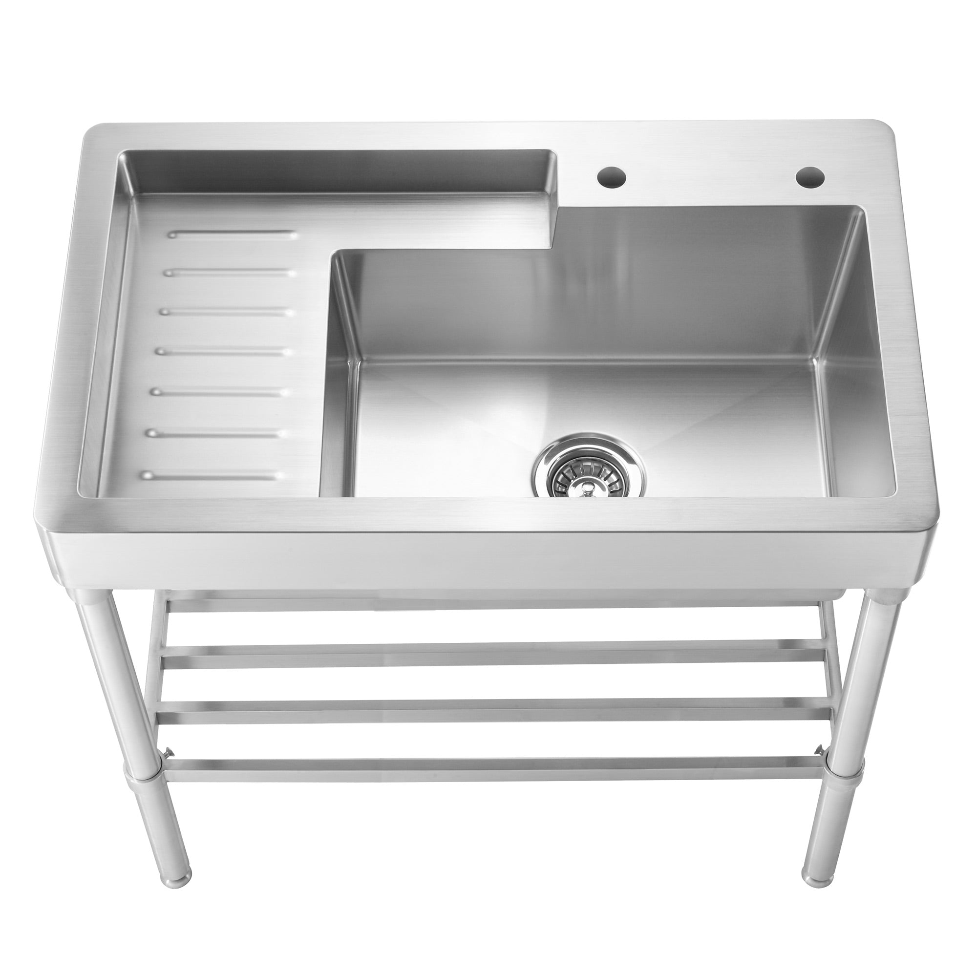Pearlhaus Brushed Stainless Steel  Single Bowl, Freestanding Utility Sink with Drainboard and Lower Rack