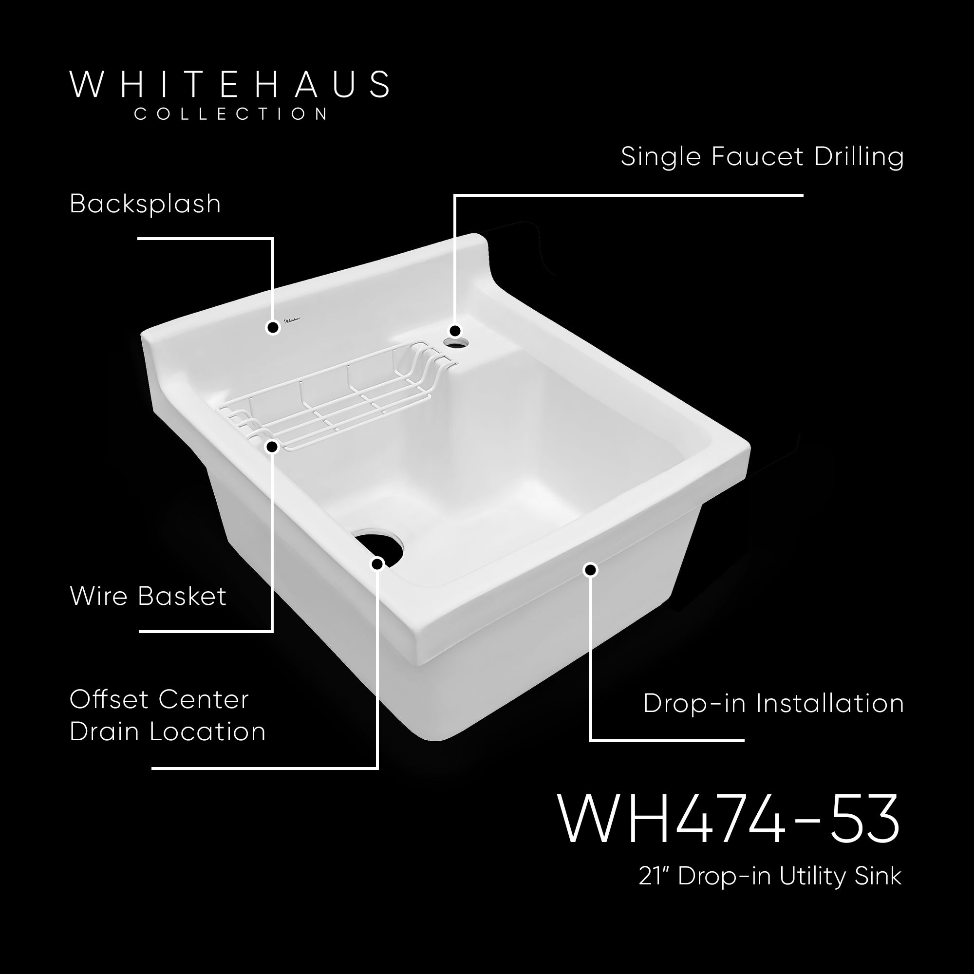 Vitreous China Single Bowl, Drop-in Sink with Wire Basket and 3 ½ Inch Off Center Drain
