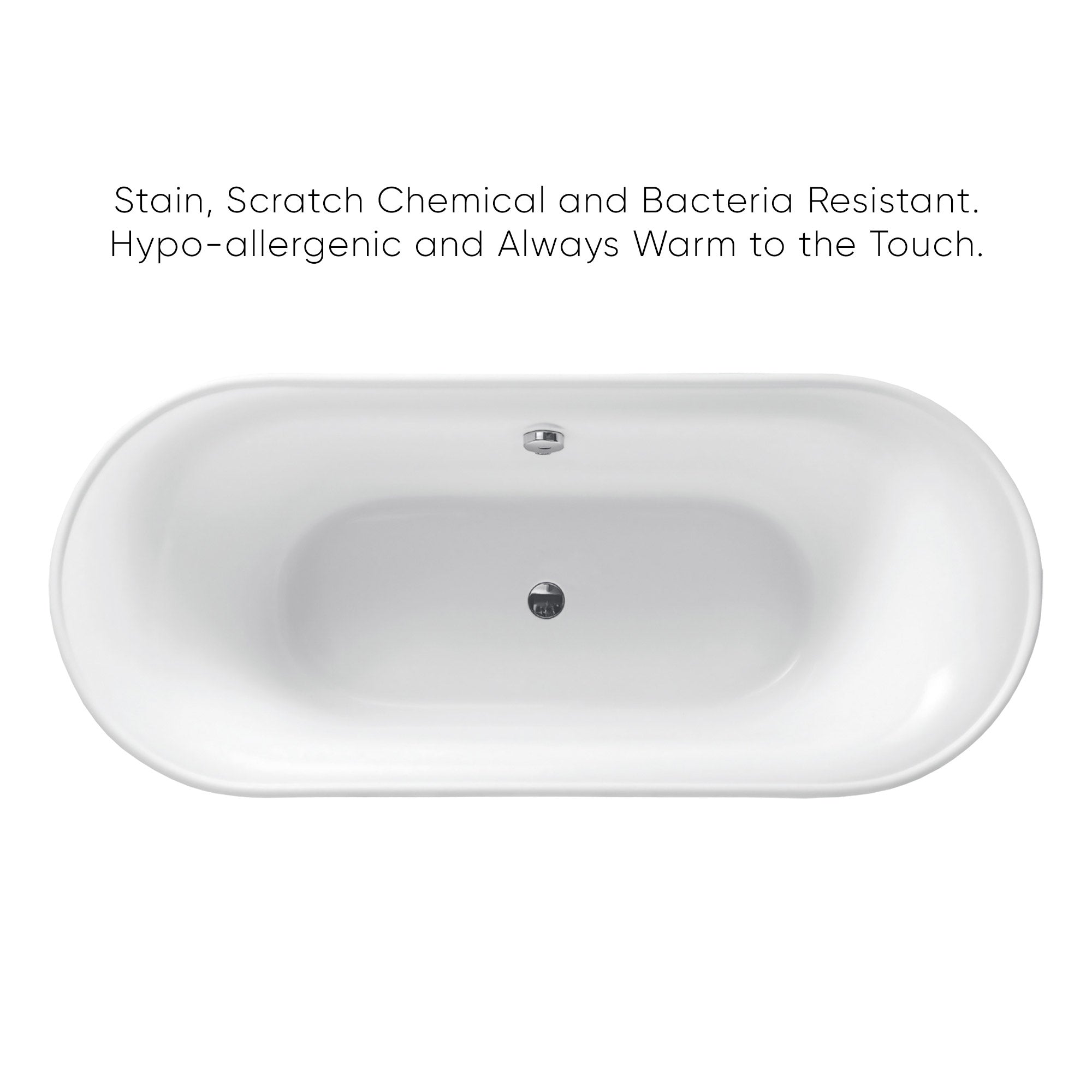 Bathhaus Oval Double Ended Freestanding Lucite Acrylic Bathtub with a Chrome Mechanical Pop-up Waste and Chrome Center Drain with Internal Overflow