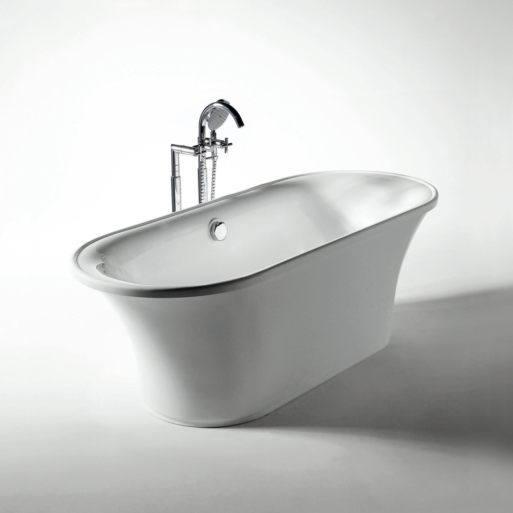 Bathhaus Oval Double Ended Freestanding Lucite Acrylic Bathtub with a Chrome Mechanical Pop-up Waste and Chrome Center Drain with Internal Overflow