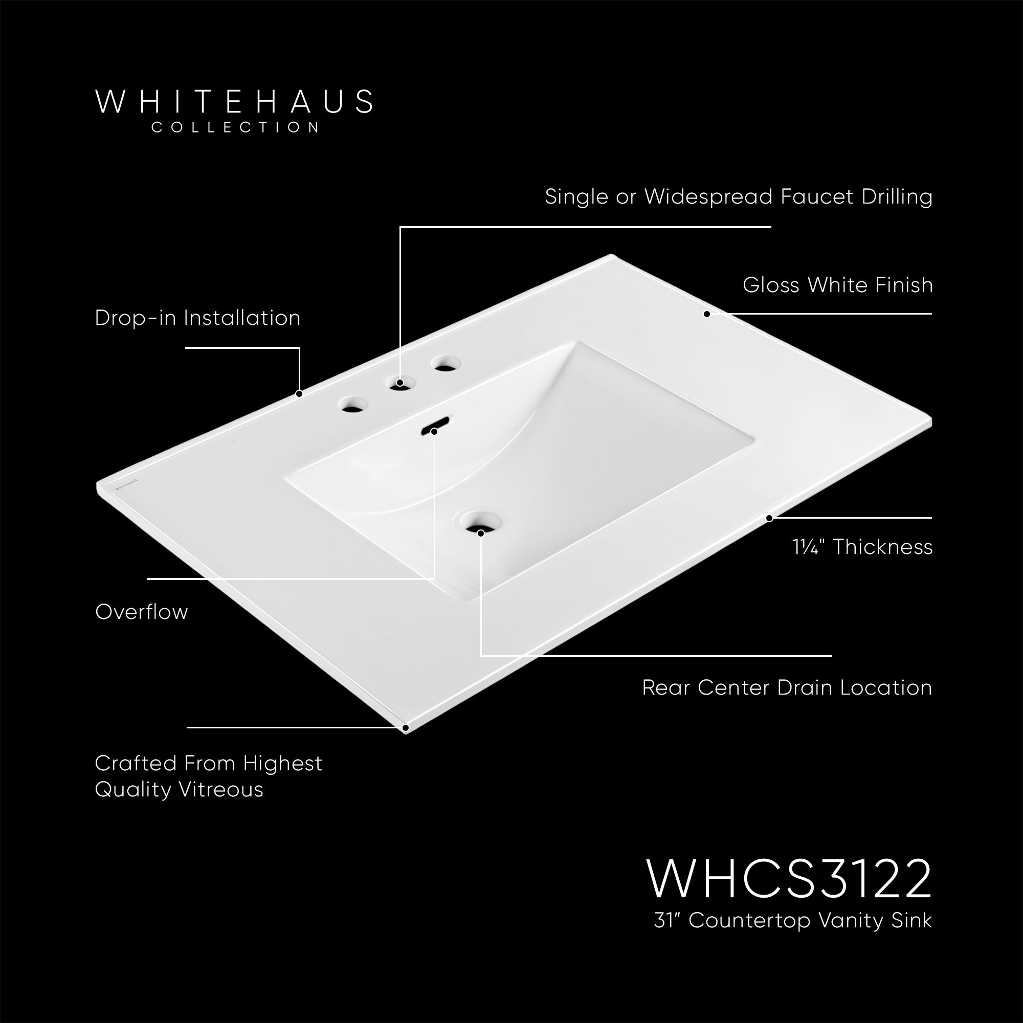 31" Countertop Vanity Sink with Integrated Rectangular Bowl