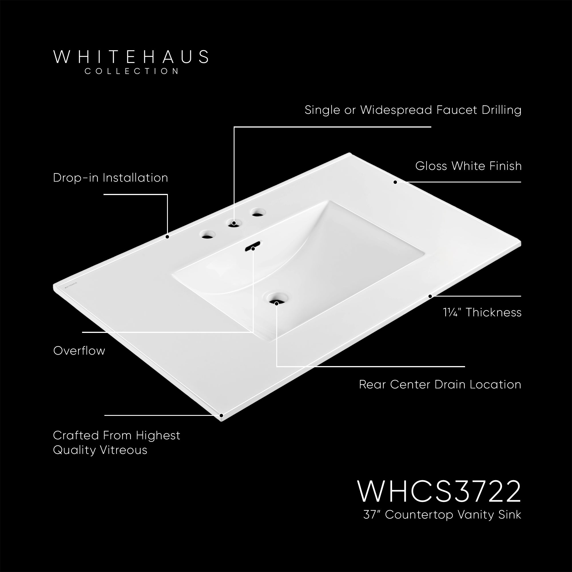 37" Countertop Vanity Sink with Integrated Rectangular Bowl, Single Faucet Drilling and Overflow