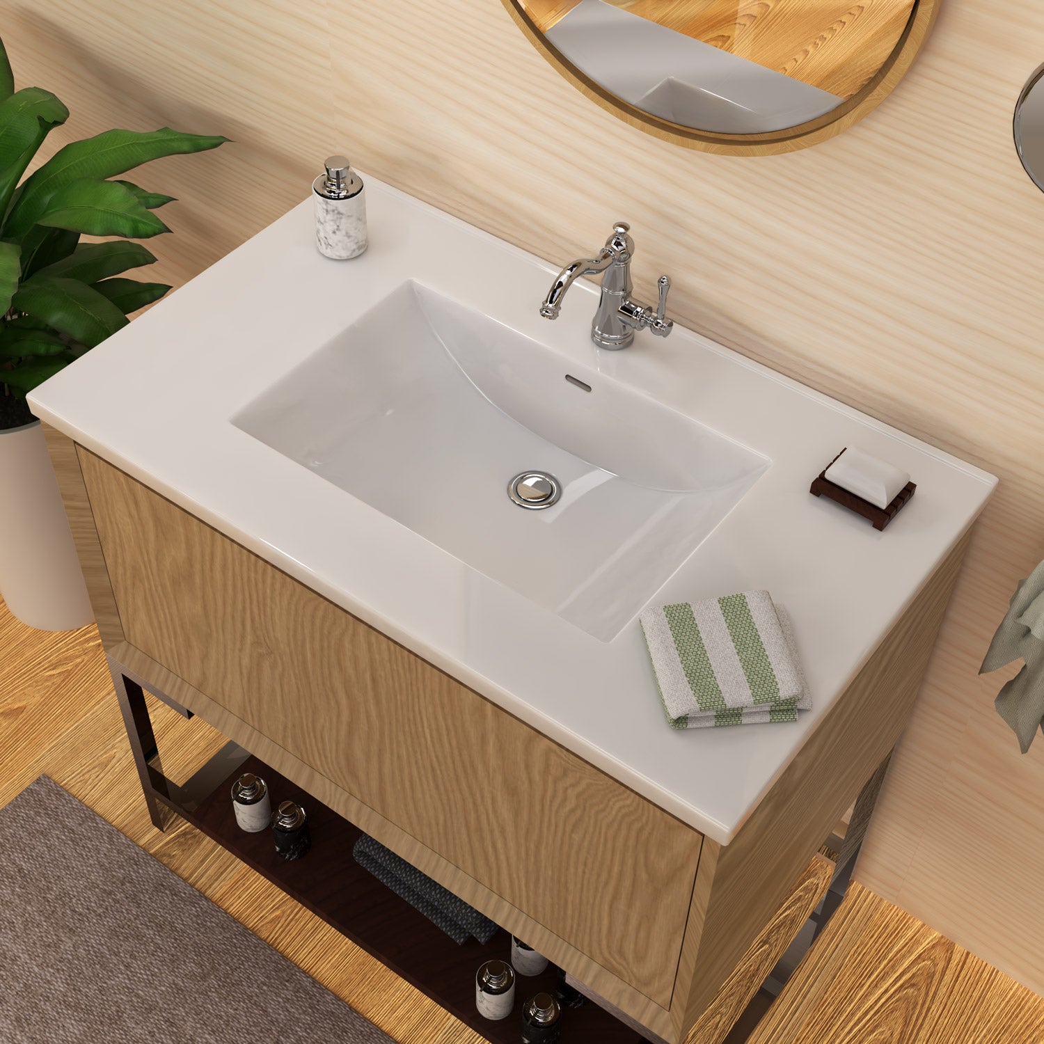 37" Countertop Vanity Sink with Integrated Rectangular Bowl, Single Faucet Drilling and Overflow