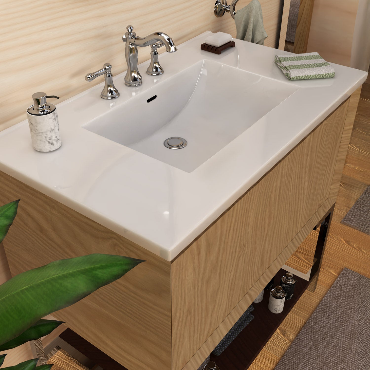 37" Countertop Vanity Sink with Integrated Rectangular Bowl, Single Faucet Drilling and Overflow