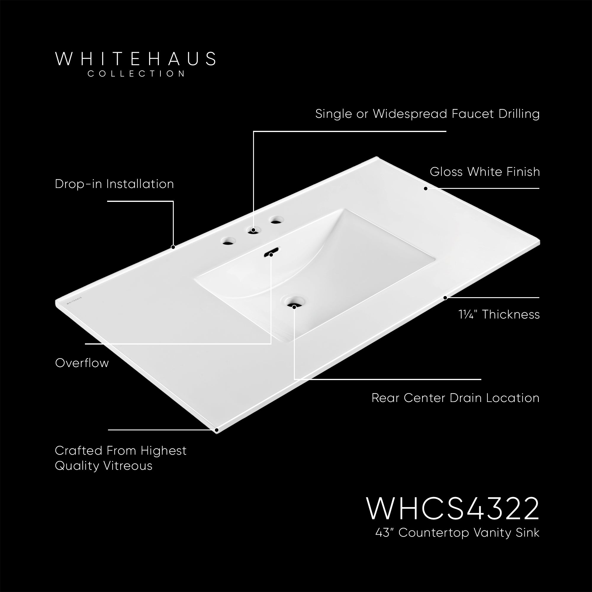 43" Countertop Vanity Sink with Integrated Rectangular Bowl, Single Faucet Drilling and Overflow