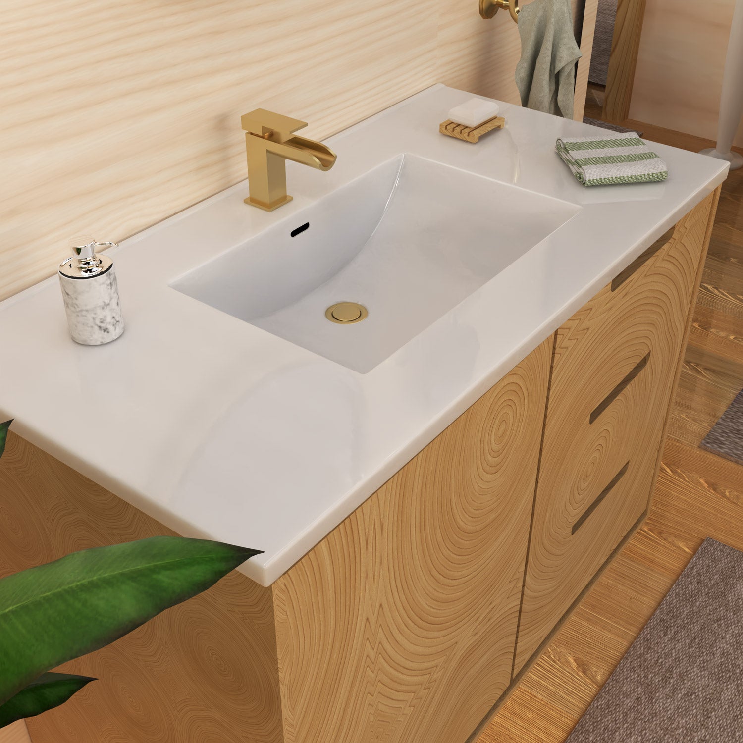 43" Countertop Vanity Sink with Integrated Rectangular Bowl, Single Faucet Drilling and Overflow