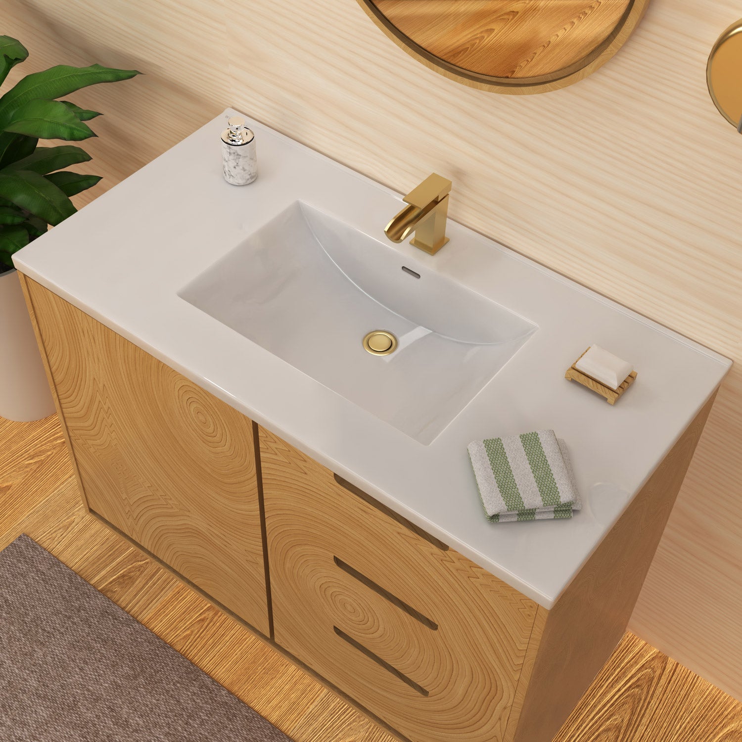 43" Countertop Vanity Sink with Integrated Rectangular Bowl, Single Faucet Drilling and Overflow