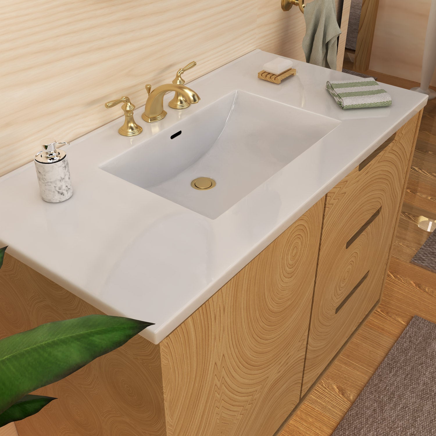 43" Countertop Vanity Sink with Integrated Rectangular Bowl, Single Faucet Drilling and Overflow