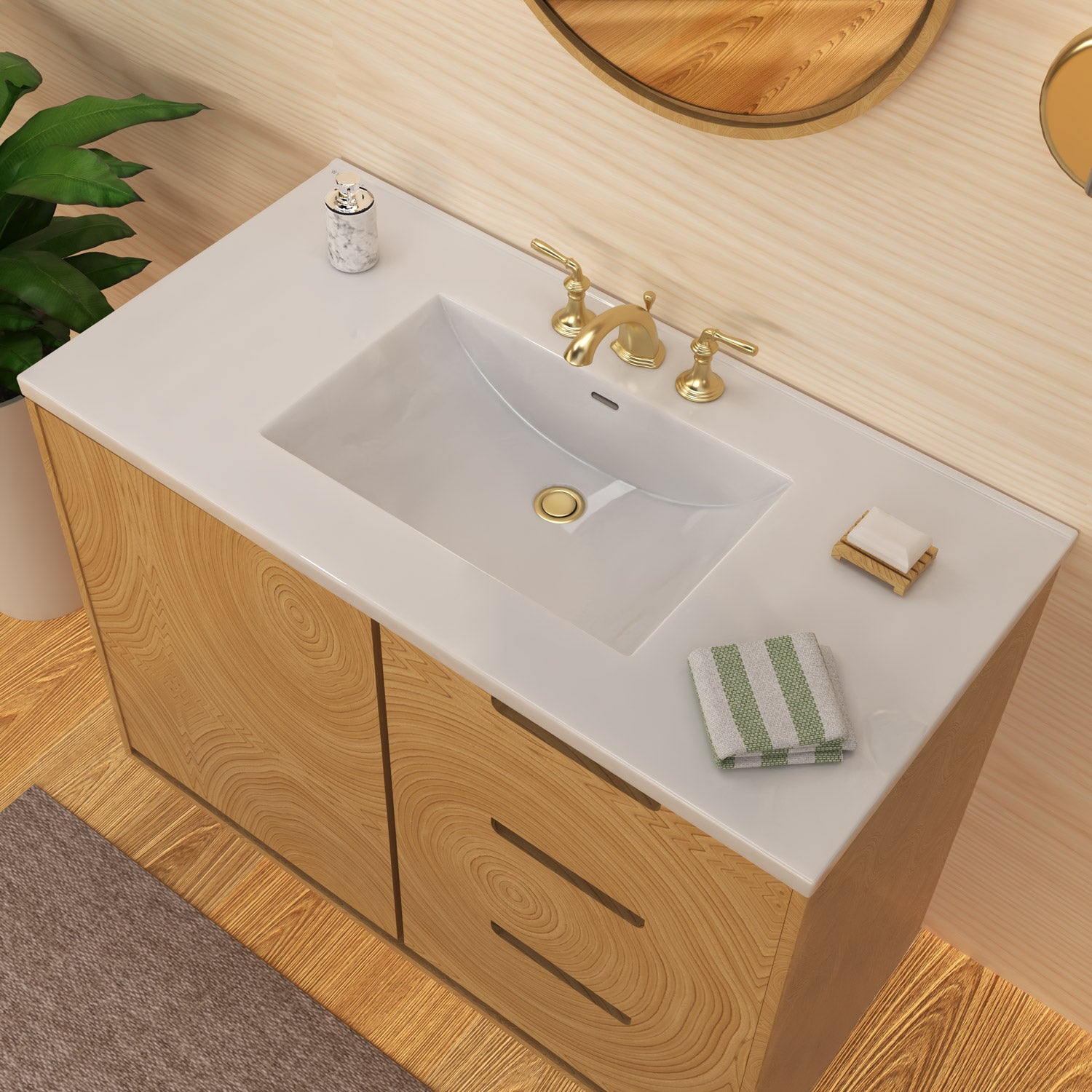 43" Countertop Vanity Sink with Integrated Rectangular Bowl, Single Faucet Drilling and Overflow
