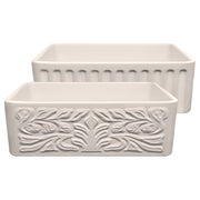 Farmhaus Fireclay Reversible Sink with a Gothichaus Swirl Design Front Apron on One Side, and a Fluted Front Apron on the Opposite Side.