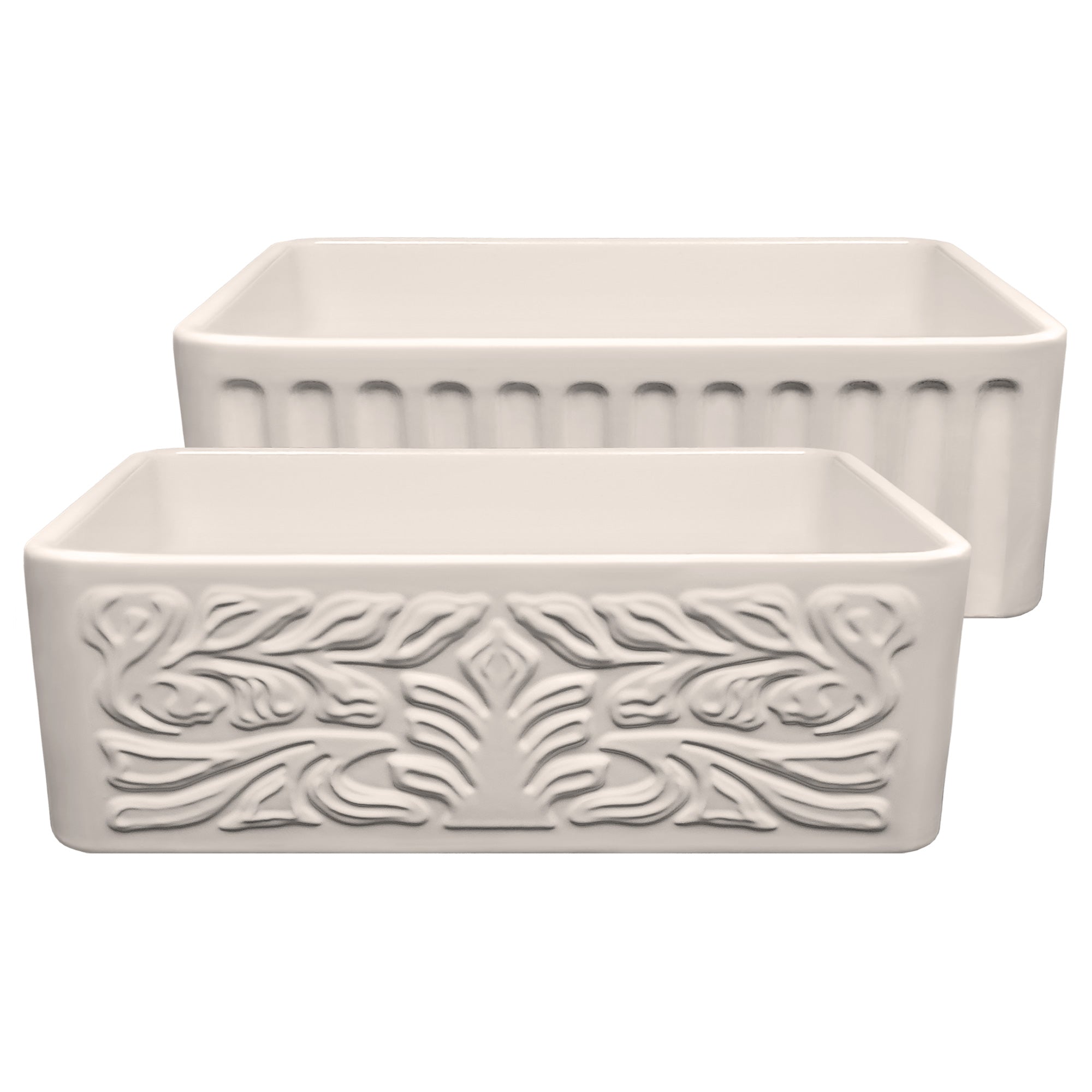 Farmhaus Fireclay Reversible Sink with a Gothichaus Swirl Design Front Apron on One Side, and a Fluted Front Apron on the Opposite Side.