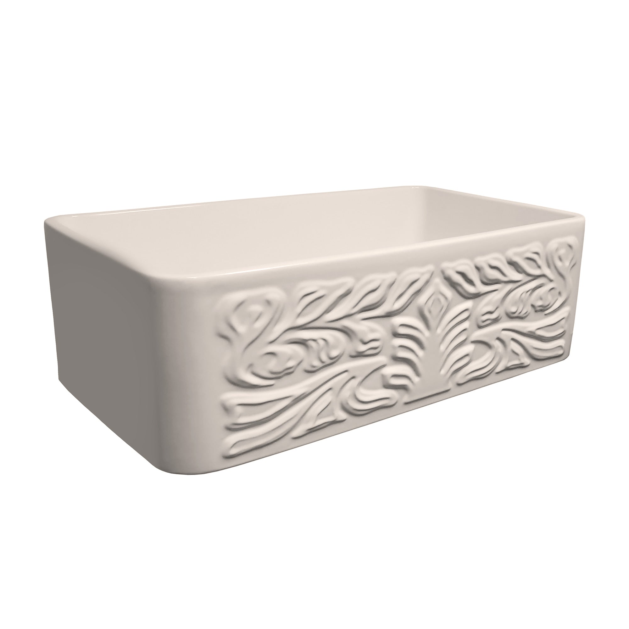 Farmhaus Fireclay Reversible Sink with a Gothichaus Swirl Design Front Apron on One Side, and a Fluted Front Apron on the Opposite Side.