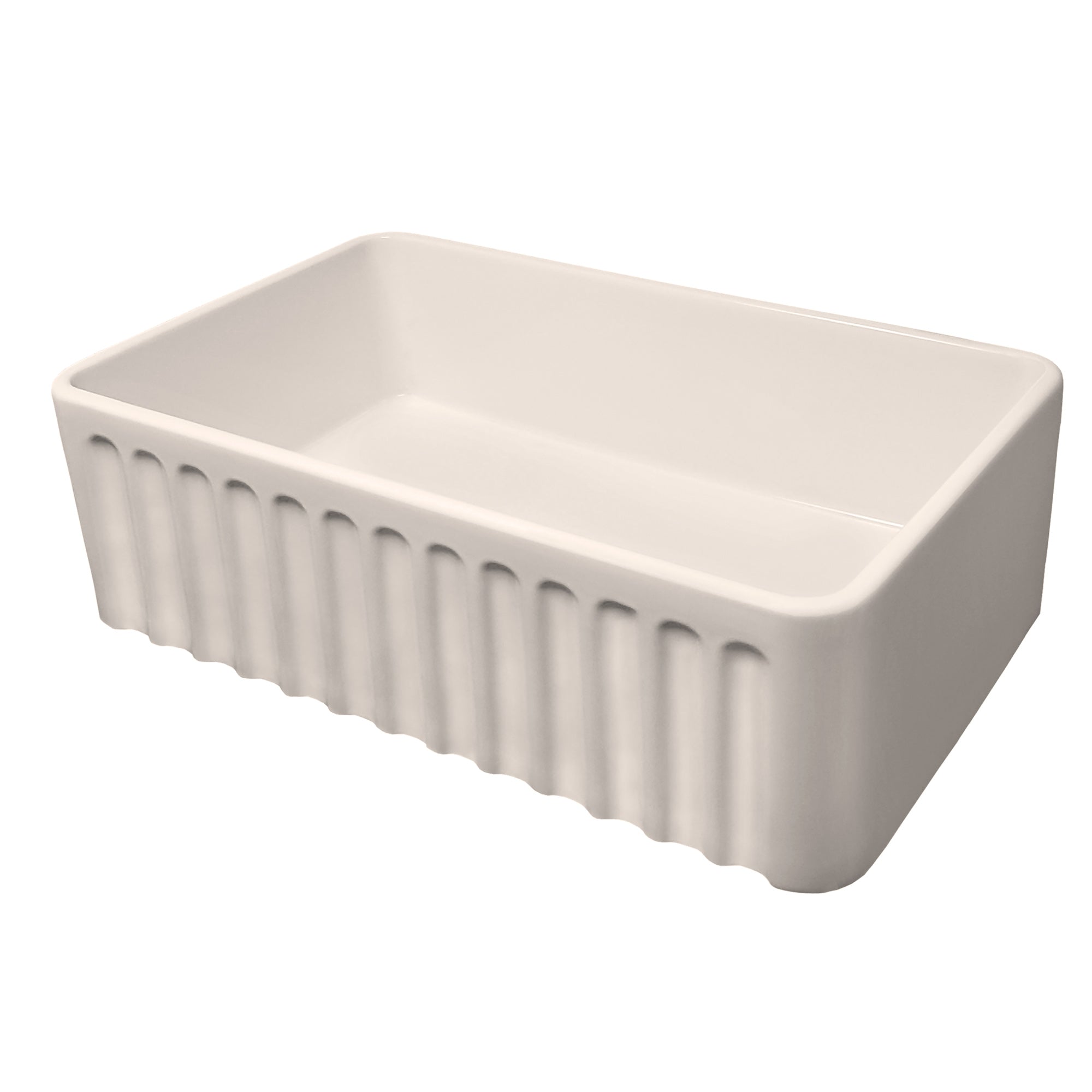 Farmhaus Fireclay Reversible Sink with a Gothichaus Swirl Design Front Apron on One Side, and a Fluted Front Apron on the Opposite Side.