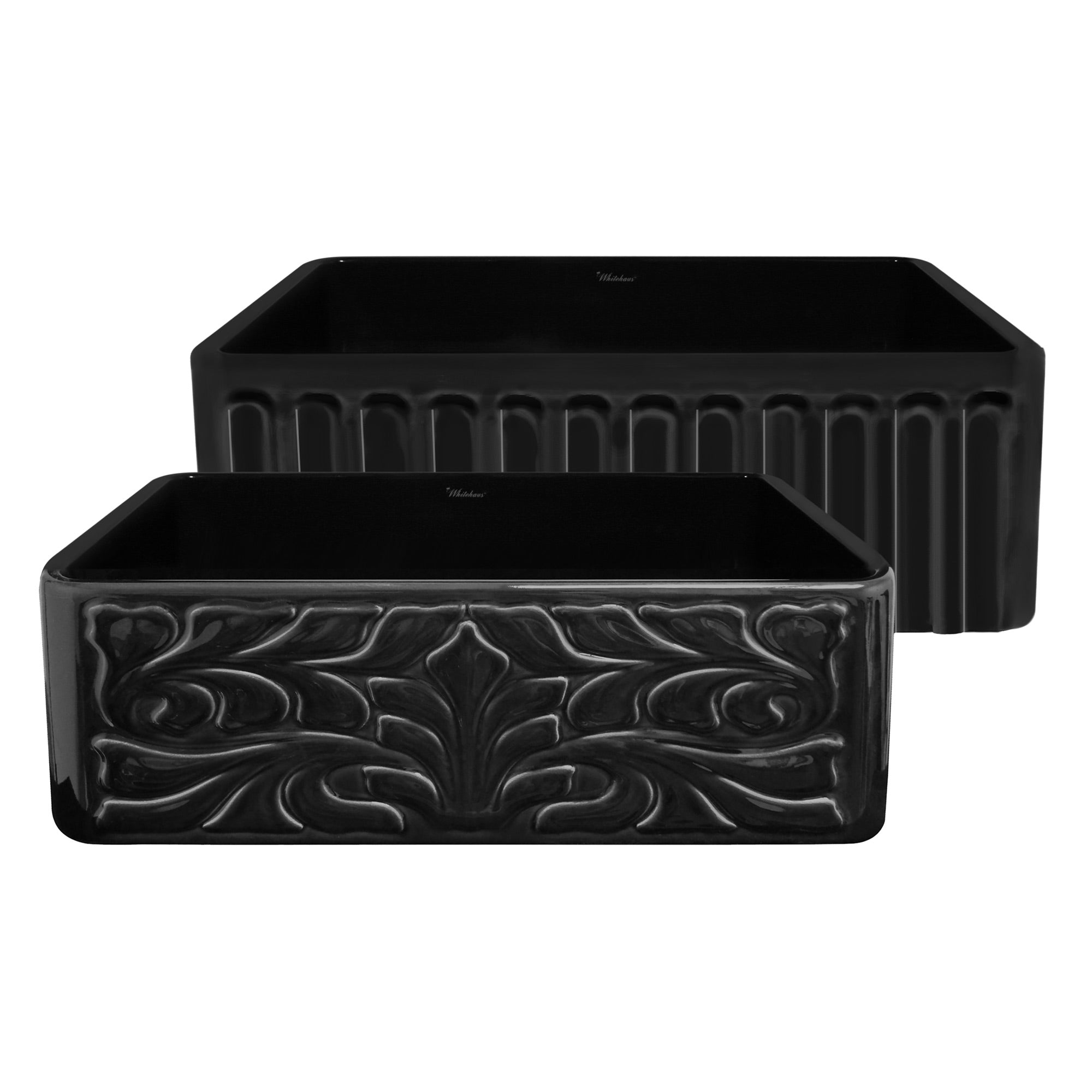 Farmhaus Fireclay Reversible Sink with a Gothichaus Swirl Design Front Apron on One Side, and a Fluted Front Apron on the Opposite Side.