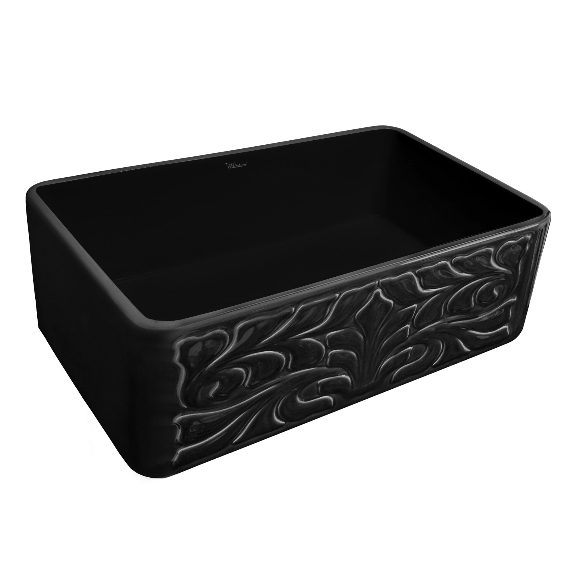 Farmhaus Fireclay Reversible Sink with a Gothichaus Swirl Design Front Apron on One Side, and a Fluted Front Apron on the Opposite Side.