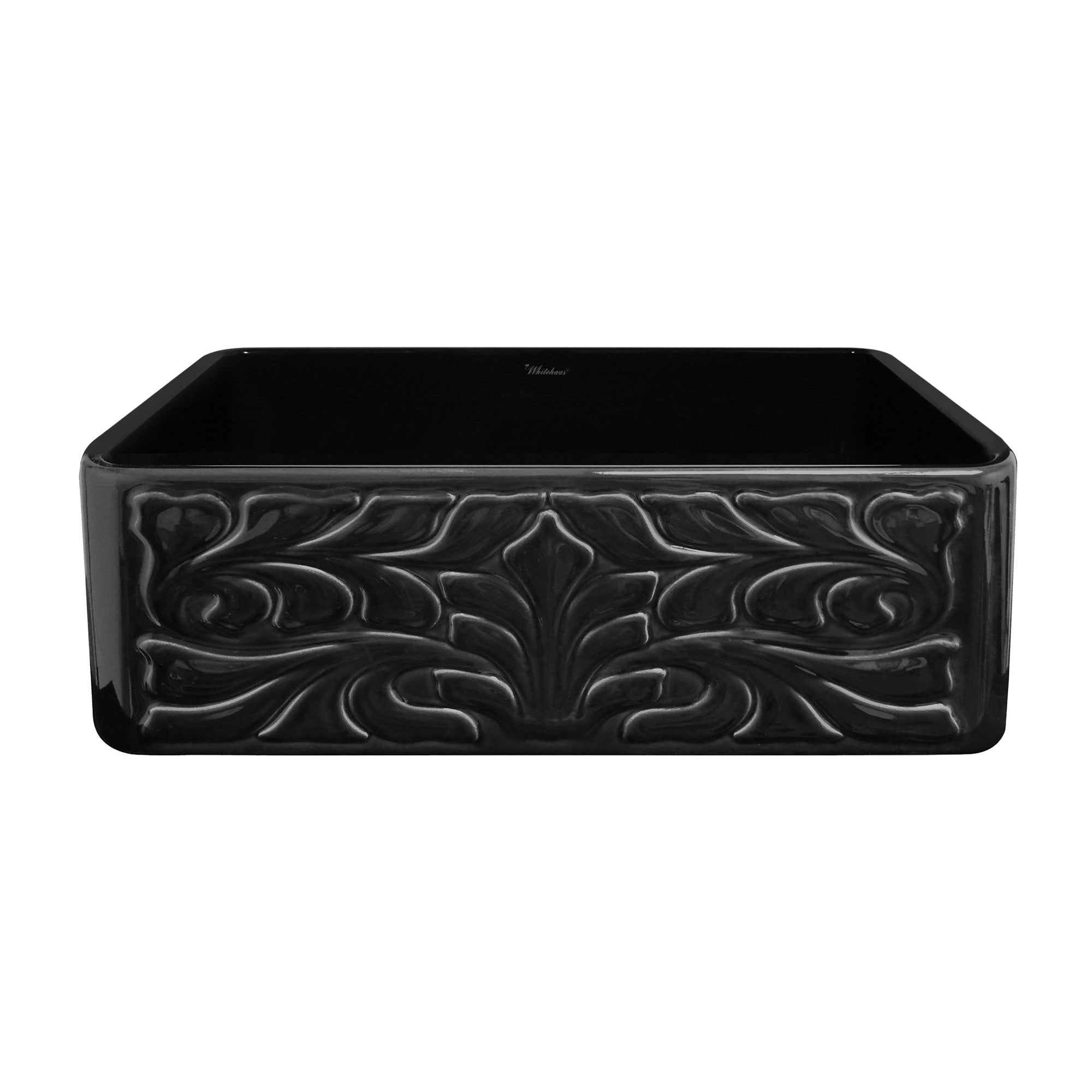 Farmhaus Fireclay Reversible Sink with a Gothichaus Swirl Design Front Apron on One Side, and a Fluted Front Apron on the Opposite Side.