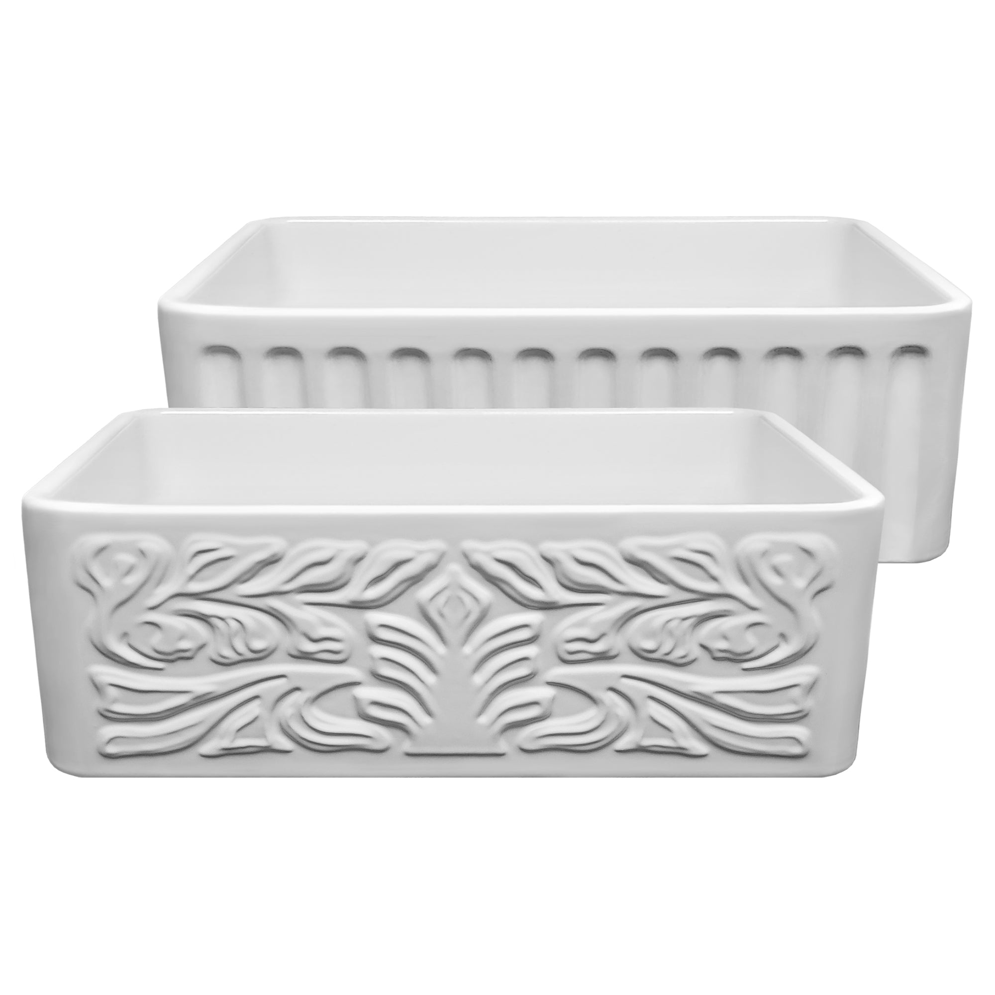 Farmhaus Fireclay Reversible Sink with a Gothichaus Swirl Design Front Apron on One Side, and a Fluted Front Apron on the Opposite Side.