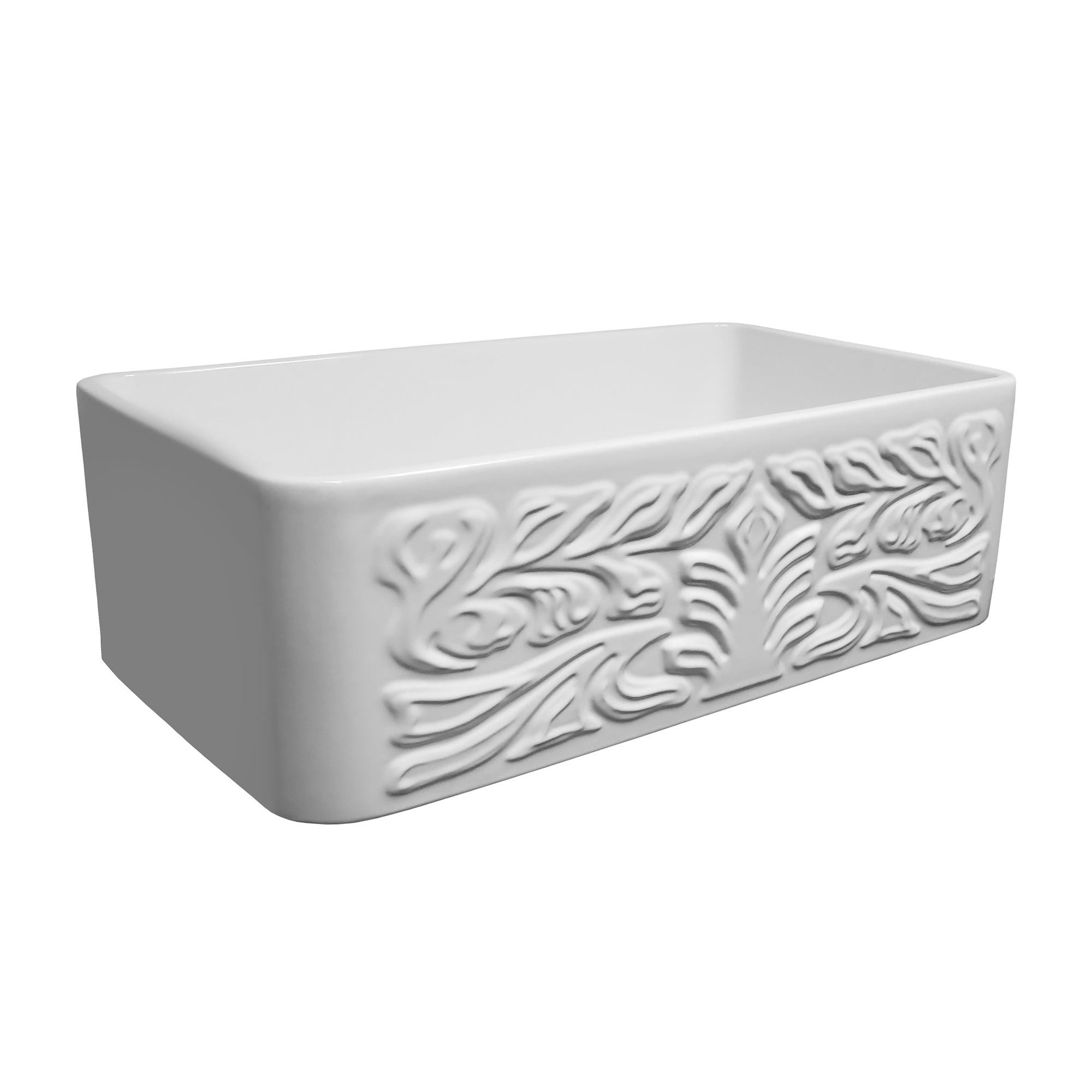 Farmhaus Fireclay Reversible Sink with a Gothichaus Swirl Design Front Apron on One Side, and a Fluted Front Apron on the Opposite Side.