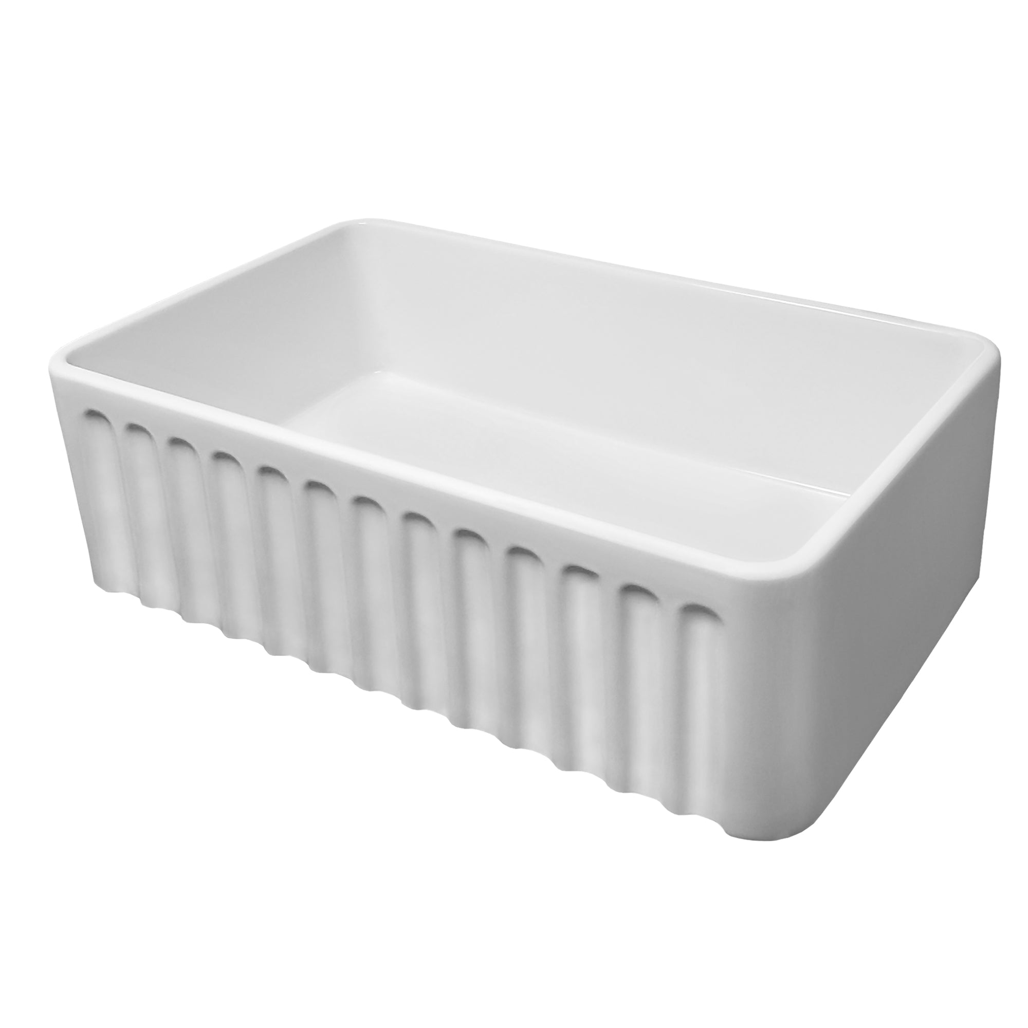 Farmhaus Fireclay Reversible Sink with a Gothichaus Swirl Design Front Apron on One Side, and a Fluted Front Apron on the Opposite Side.