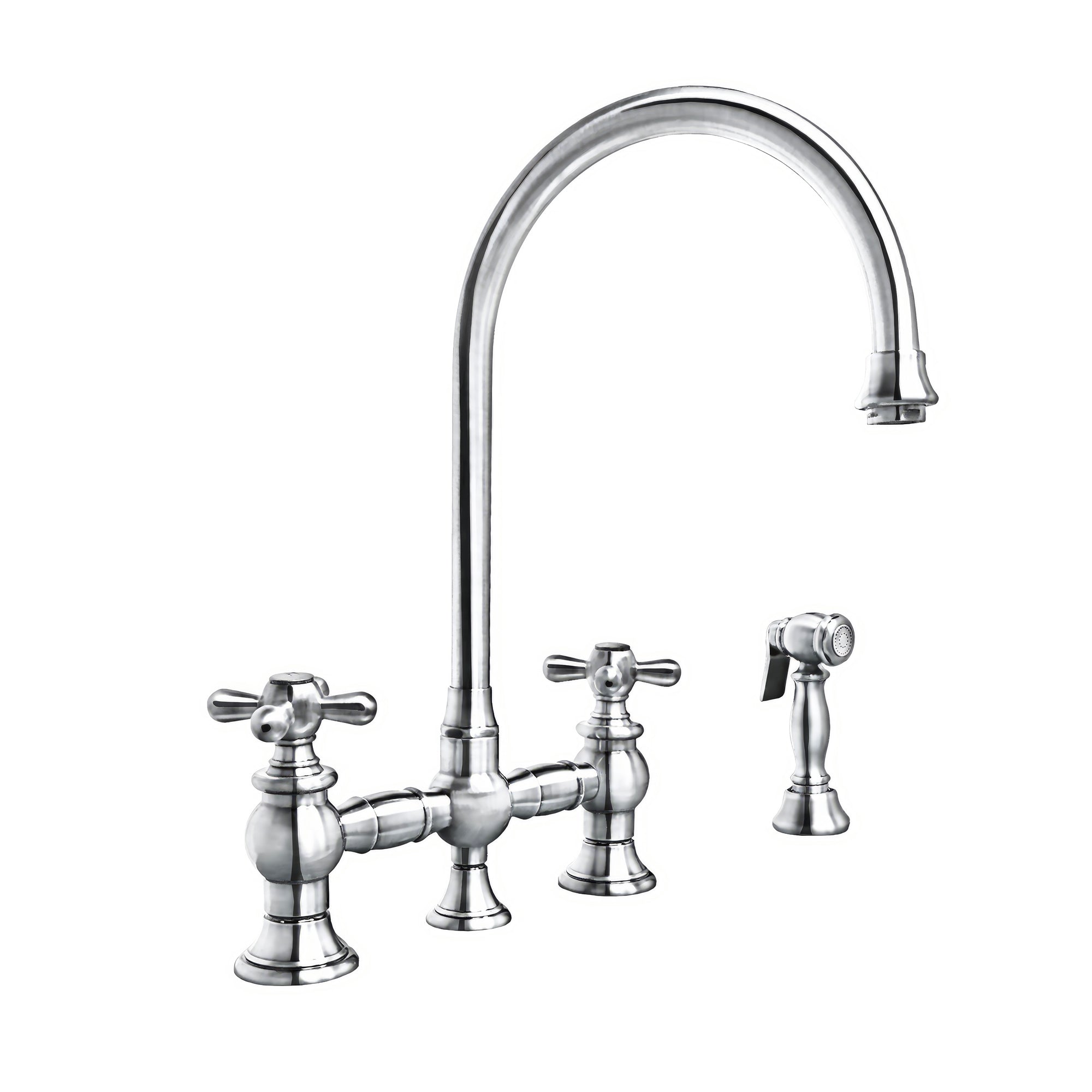 Vintage III Plus Bridge Faucet with Long Gooseneck Swivel Spout, Cross Handles and Solid Brass Side Spray
