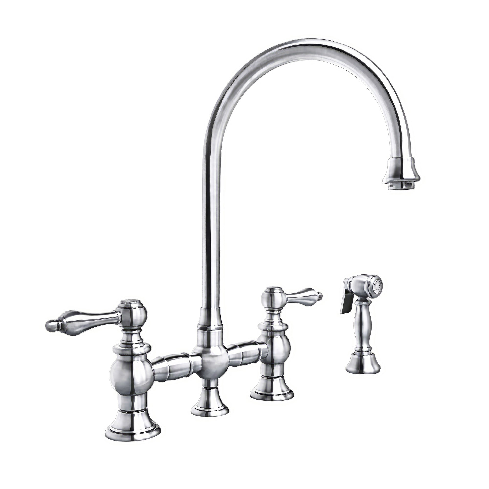Vintage III Plus Bridge Faucet with Long Gooseneck Swivel Spout, Lever Handles and Solid Brass Side Spray