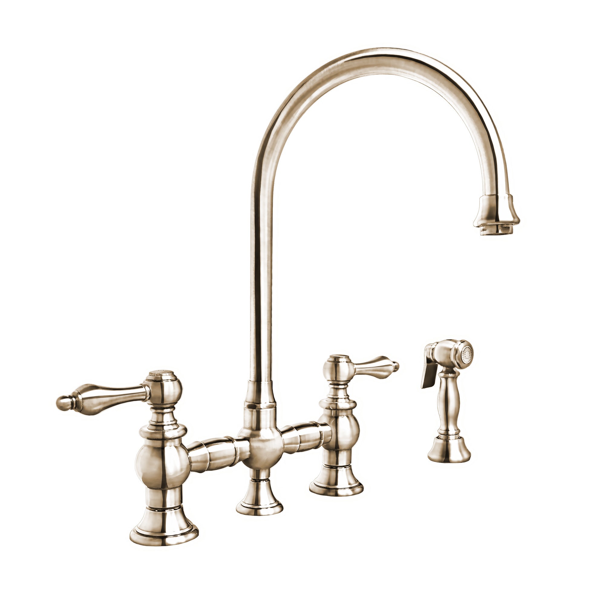 Vintage III Plus Bridge Faucet with Long Gooseneck Swivel Spout, Lever Handles and Solid Brass Side Spray