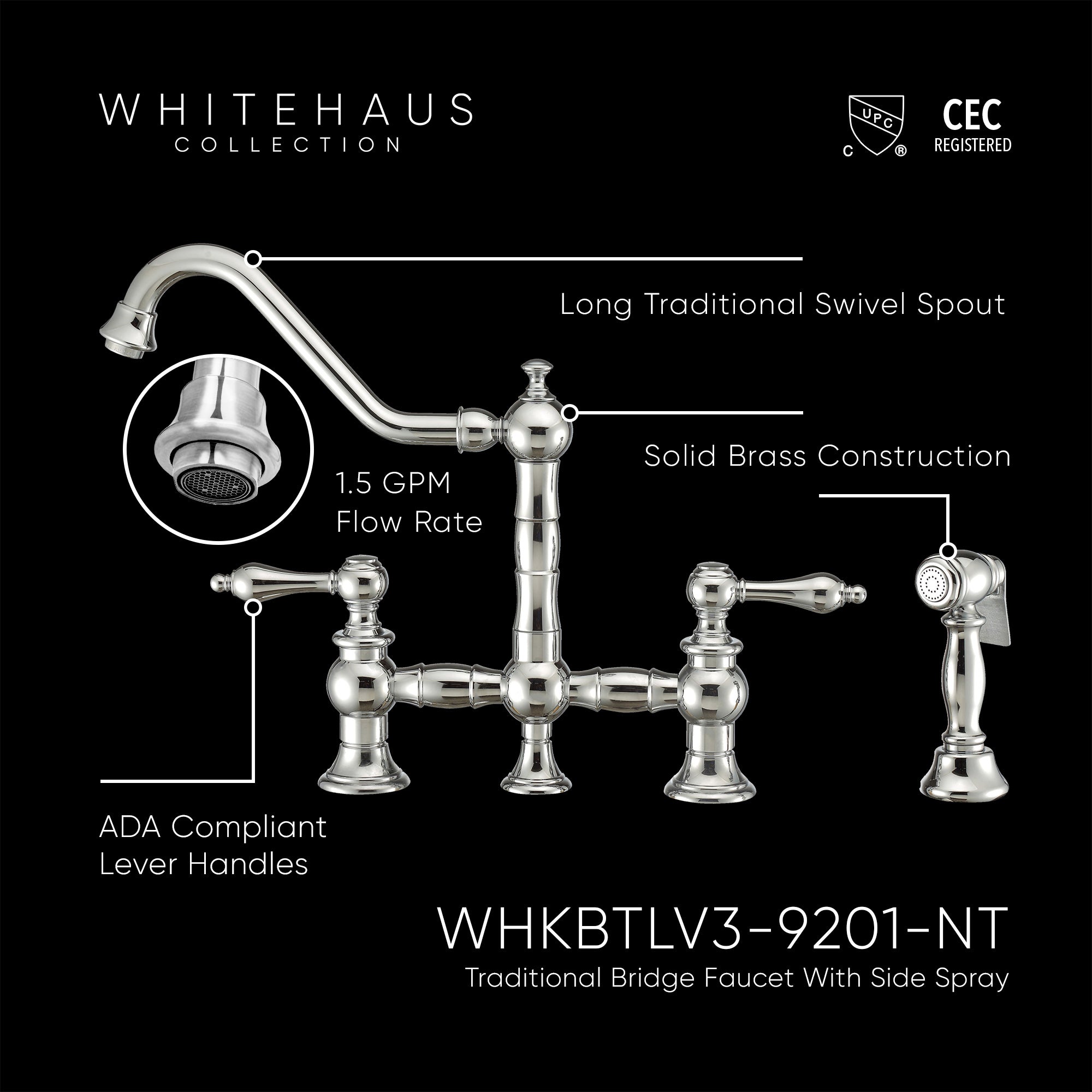 Vintage III Plus Bridge Faucet with Long Traditional Swivel Spout, Lever Handles and Solid Brass Side Spray