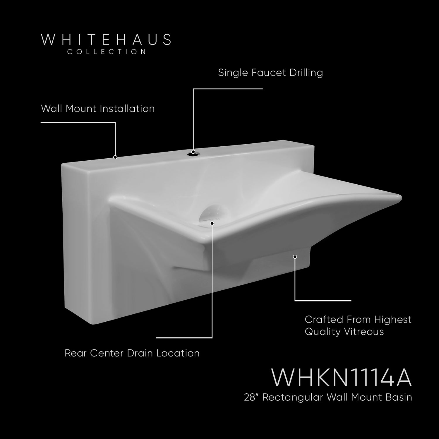 Isabella Collection Rectangular Wall Mount Basin with Integrated Rectangular Bowl, Single Faucet Hole and Rear Center Drain
