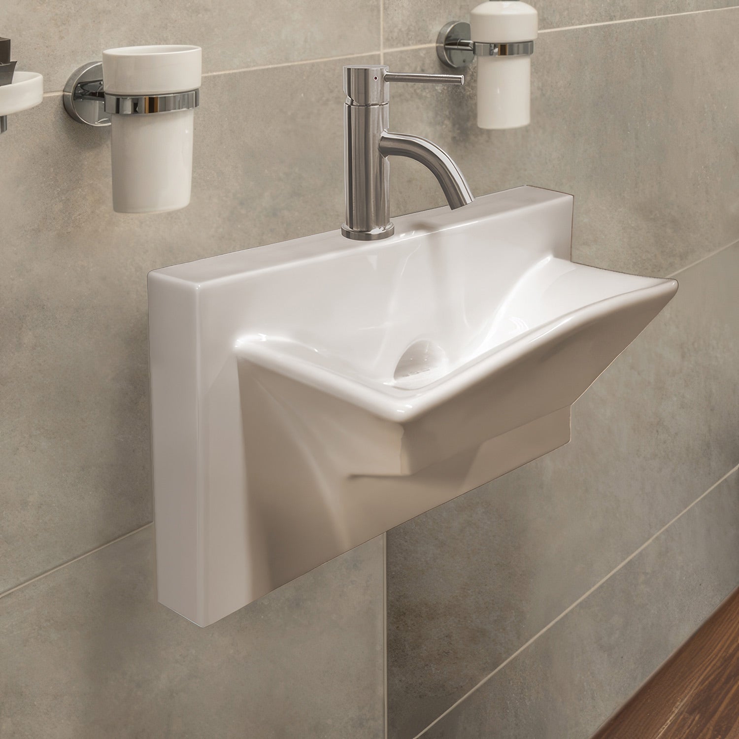 Isabella Collection Rectangular Wall Mount Basin with Integrated Rectangular Bowl, Single Faucet Hole and Rear Center Drain