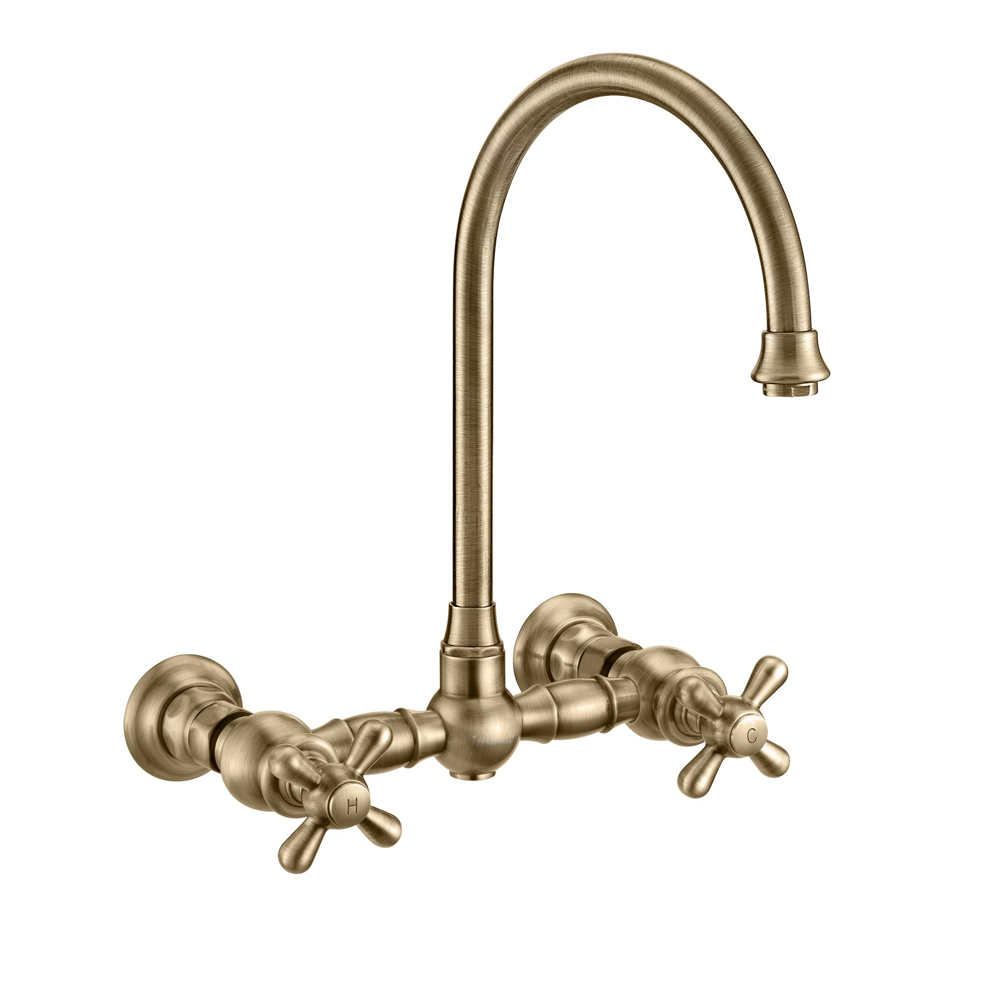 Vintage III Plus Wall Mount Faucet with a  Long Gooseneck Swivel Spout, Cross Handles and Solid Brass Side Spray