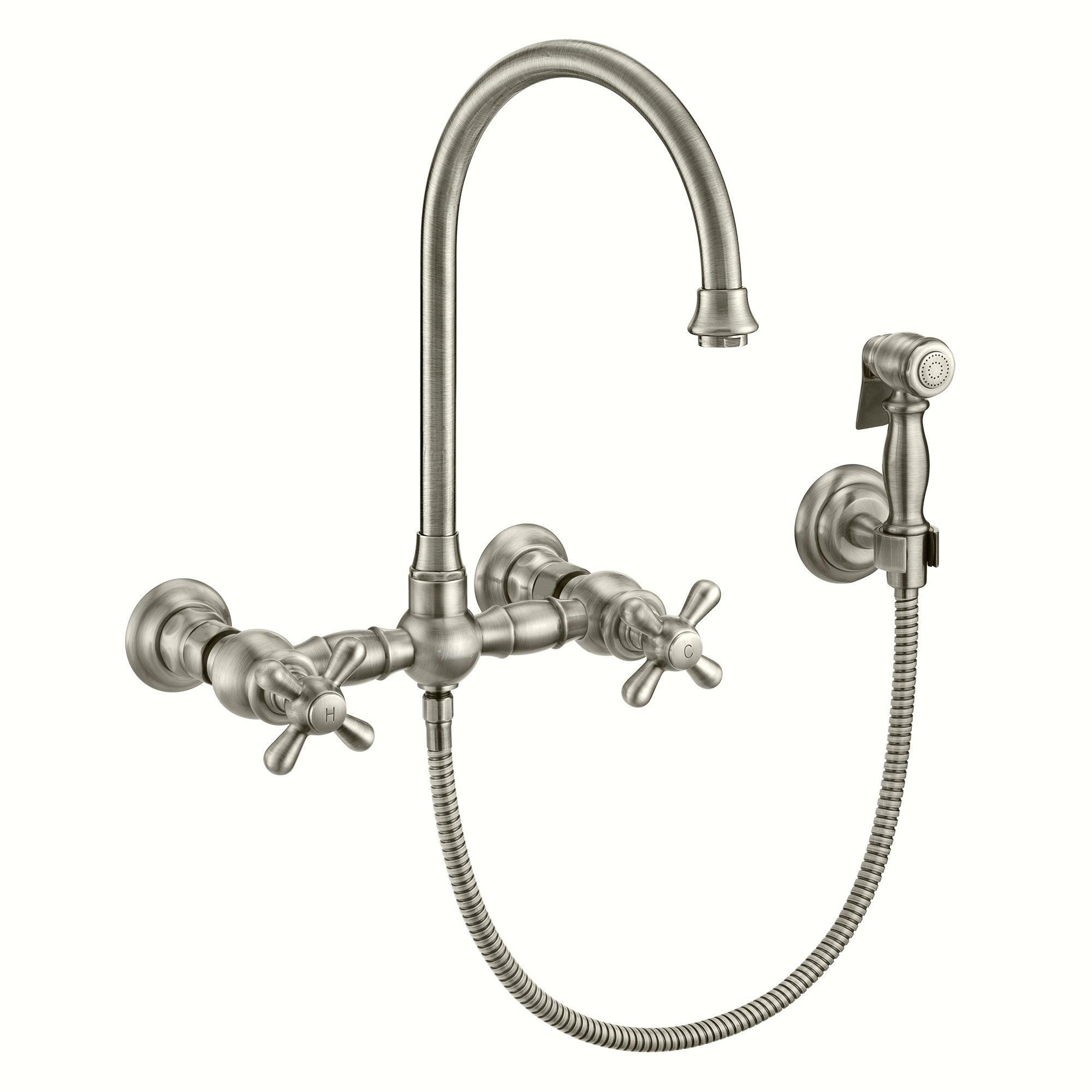 Vintage III Plus Wall Mount Faucet with a  Long Gooseneck Swivel Spout, Cross Handles and Solid Brass Side Spray