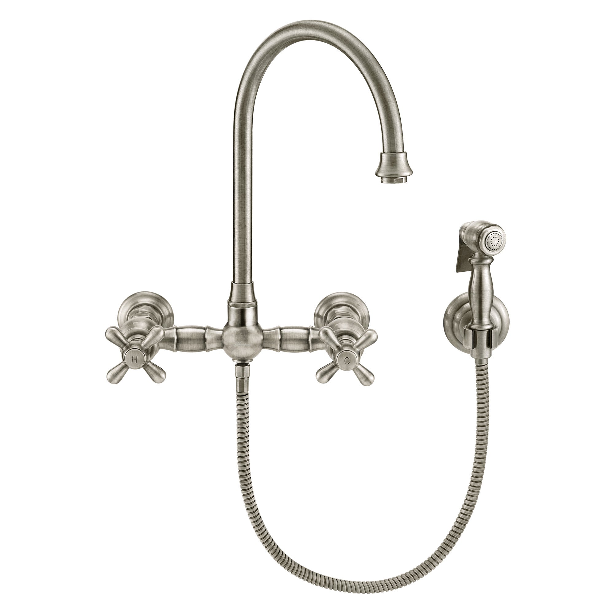 Vintage III Plus Wall Mount Faucet with a  Long Gooseneck Swivel Spout, Cross Handles and Solid Brass Side Spray