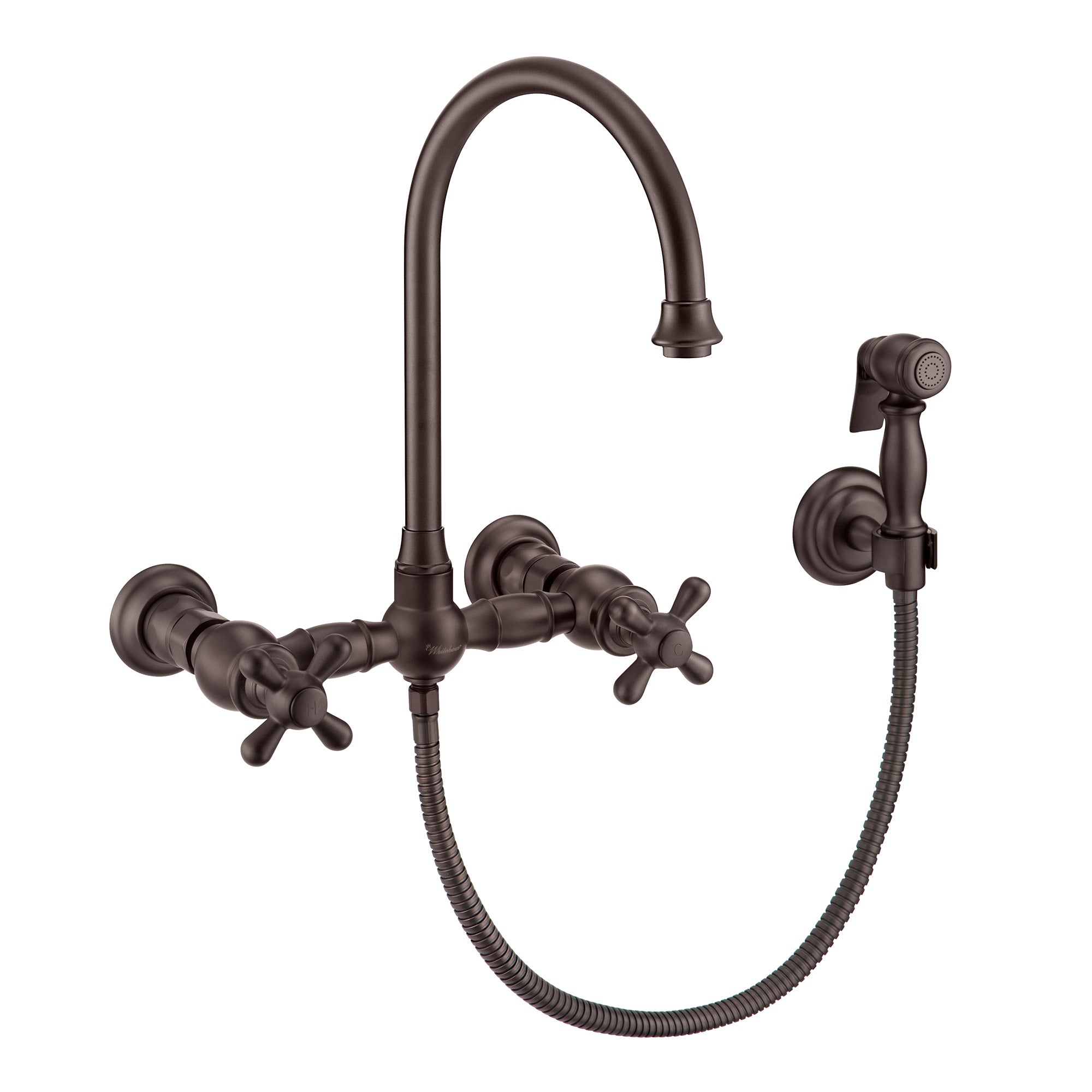 Vintage III Plus Wall Mount Faucet with a  Long Gooseneck Swivel Spout, Cross Handles and Solid Brass Side Spray
